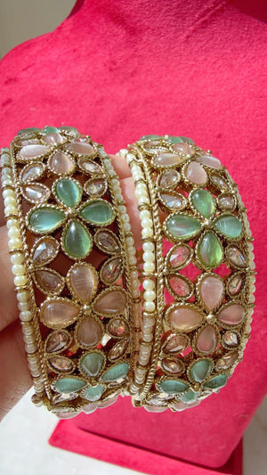 Openable Mint PInk Kundan Polki bridal Bangles kada pair/antique Finished Kundan Polki wide Kada/Indian Jewelry/Mint Pink Kundan Kangan