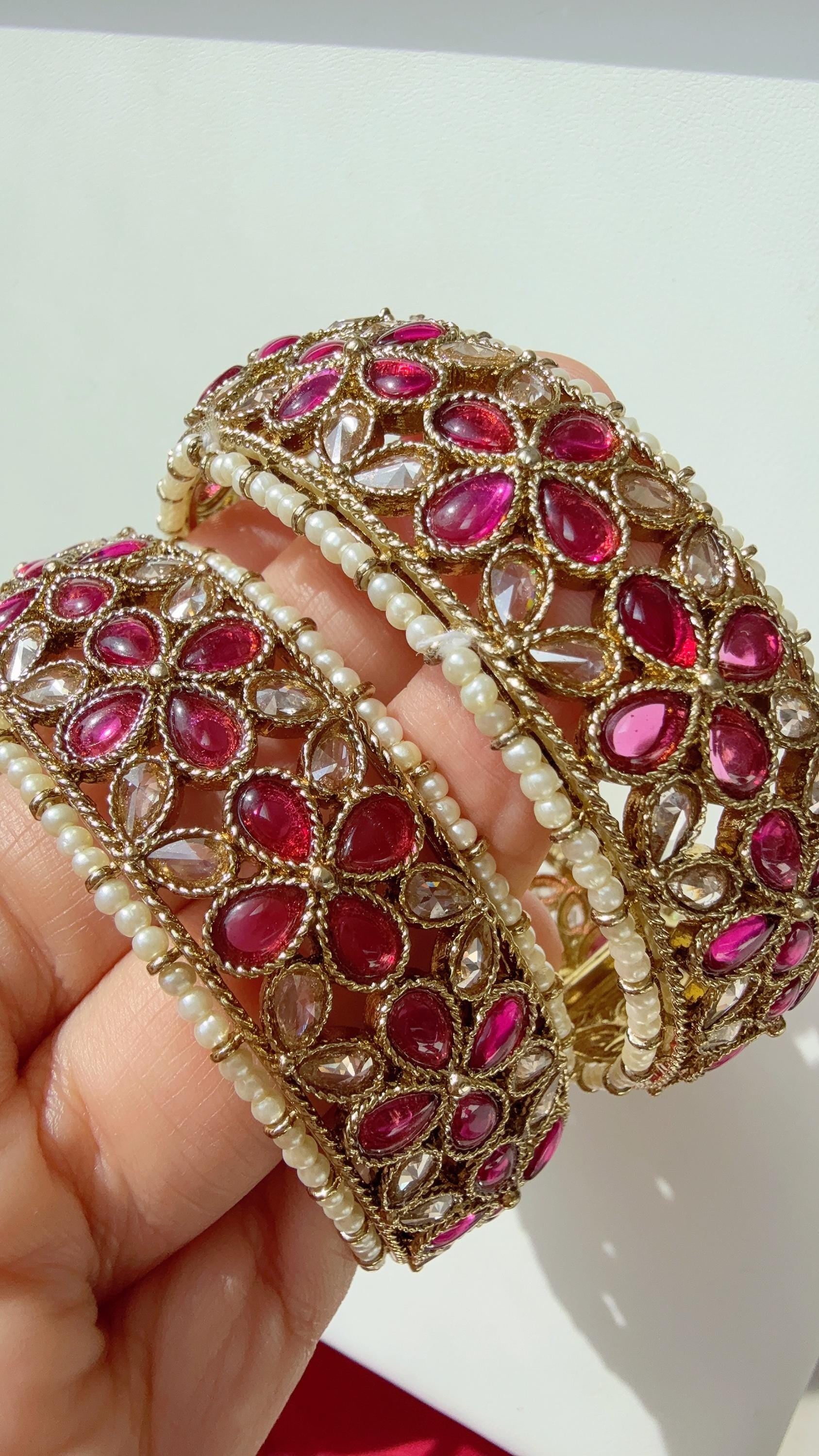 Openable Ruby Kundan Polki bridal Bangles kada pair/antique Finished Kundan Polki wide Kada/Indian Jewelry/Ruby Kundan Kangan