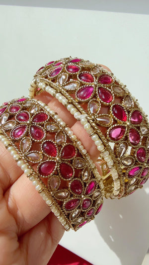 Openable Ruby Kundan Polki bridal Bangles kada pair/antique Finished Kundan Polki wide Kada/Indian Jewelry/Ruby Kundan Kangan