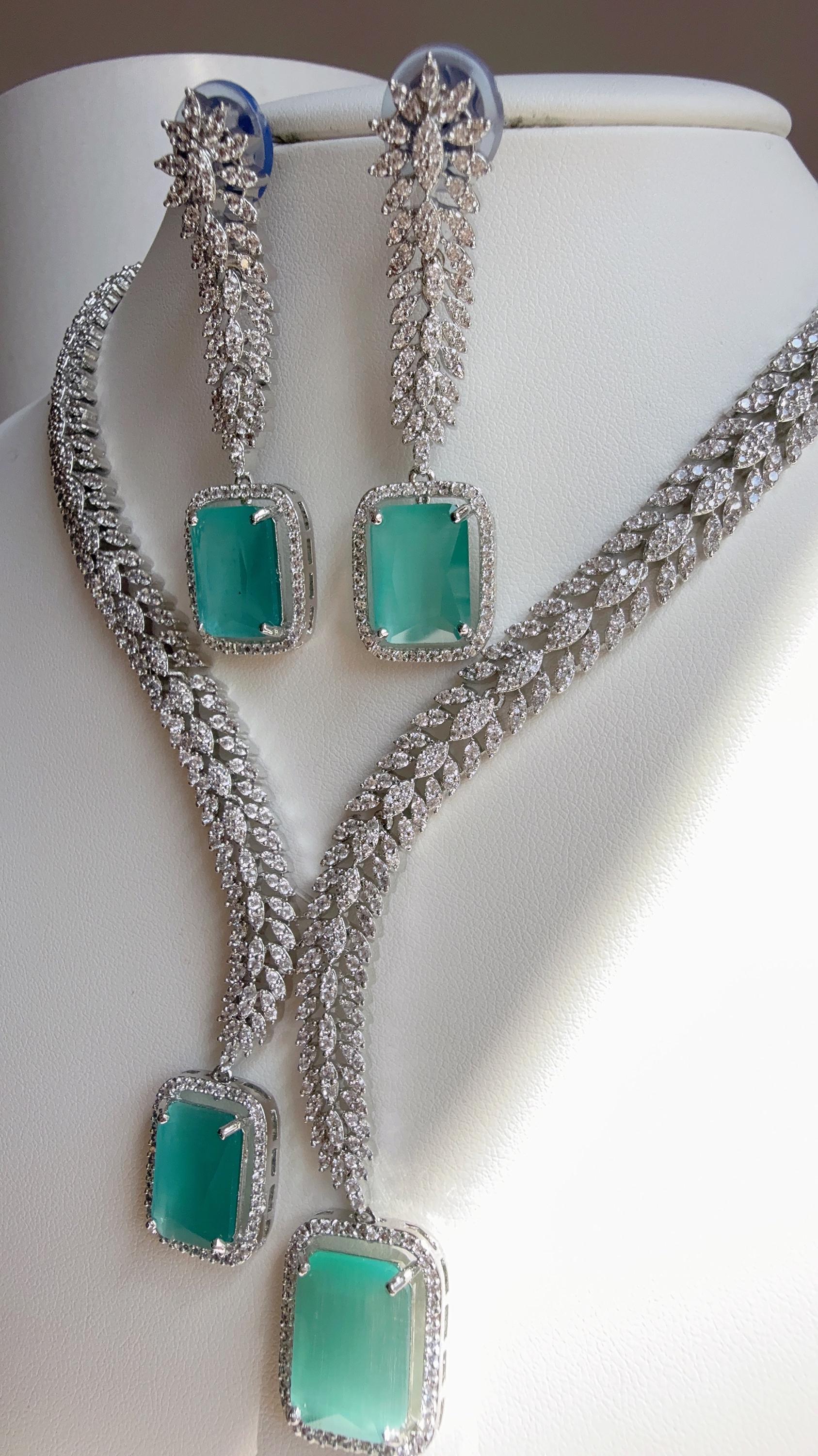 Rhodium silver Diamond Mint Necklace /Indian jewelry/ White Finish Diamond Mint Stone Necklace Set/Silver tone CZ Bridal Jewelry