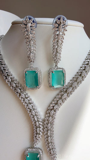 Rhodium silver Diamond Mint Necklace /Indian jewelry/ White Finish Diamond Mint Stone Necklace Set/Silver tone CZ Bridal Jewelry