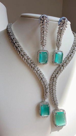 Rhodium silver Diamond Mint Necklace /Indian jewelry/ White Finish Diamond Mint Stone Necklace Set/Silver tone CZ Bridal Jewelry