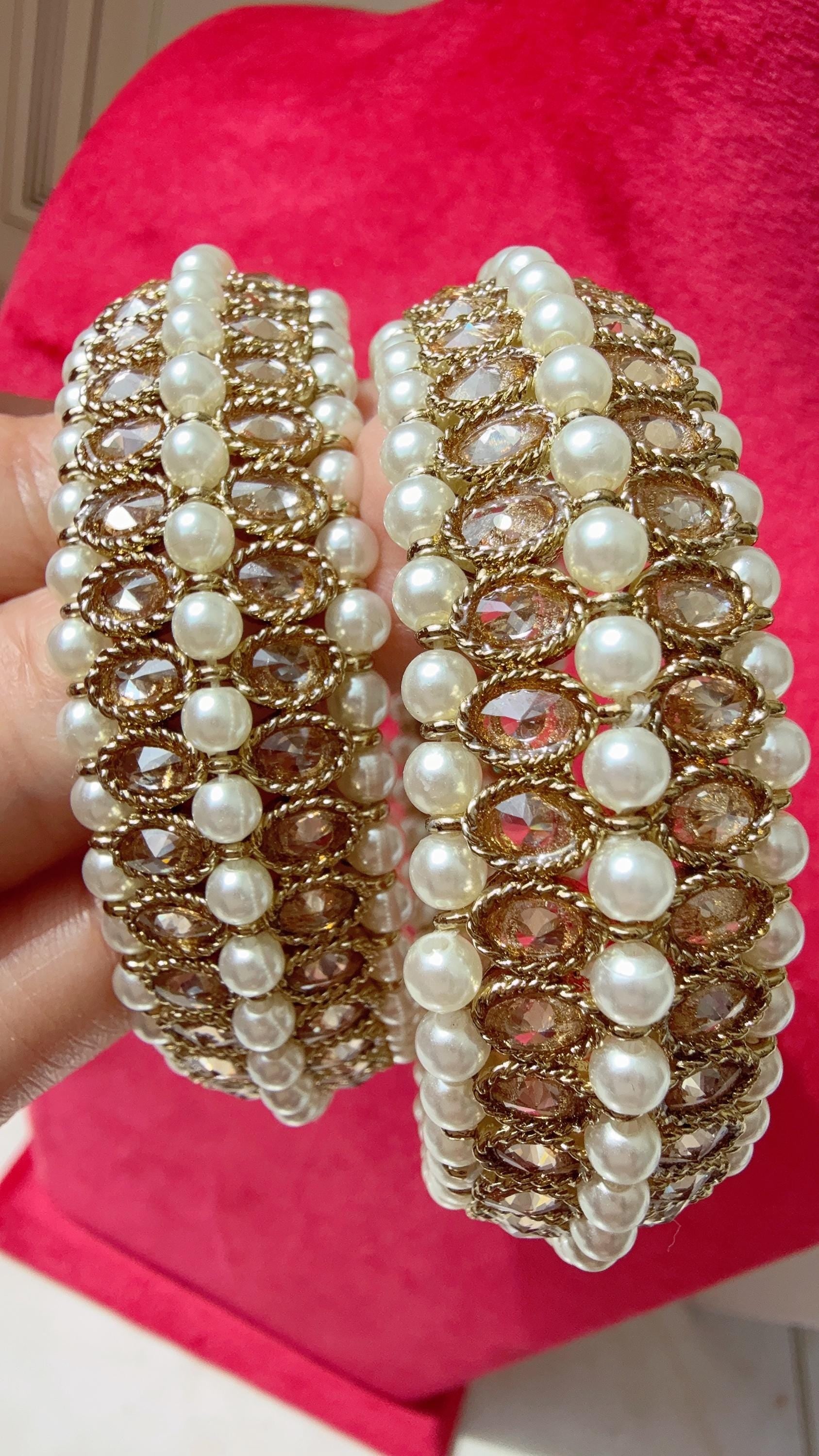 Gold Kundan Polki Bangles pair/Polki Kundan antique finish Pearl Bangles /Indian Jewelry// Kundan Bangles/gold kundan bangles/Indian Wedding