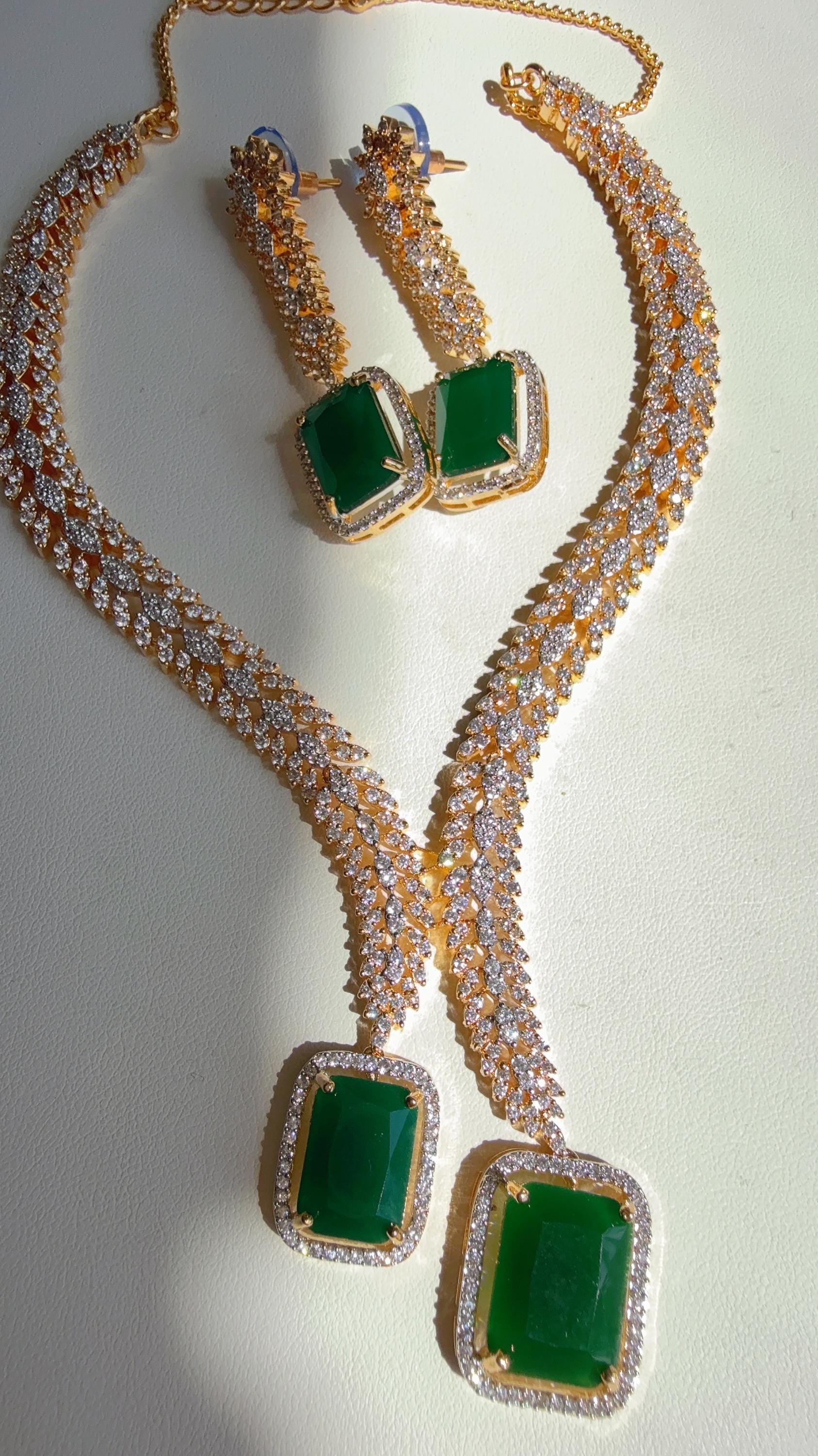 Silver Diamond emerald Necklace /Indian jewelry/ CZ 2 tone diamond Choker/Bridal choker/Diamond Jewelry / Indian Necklace/diamond necklace