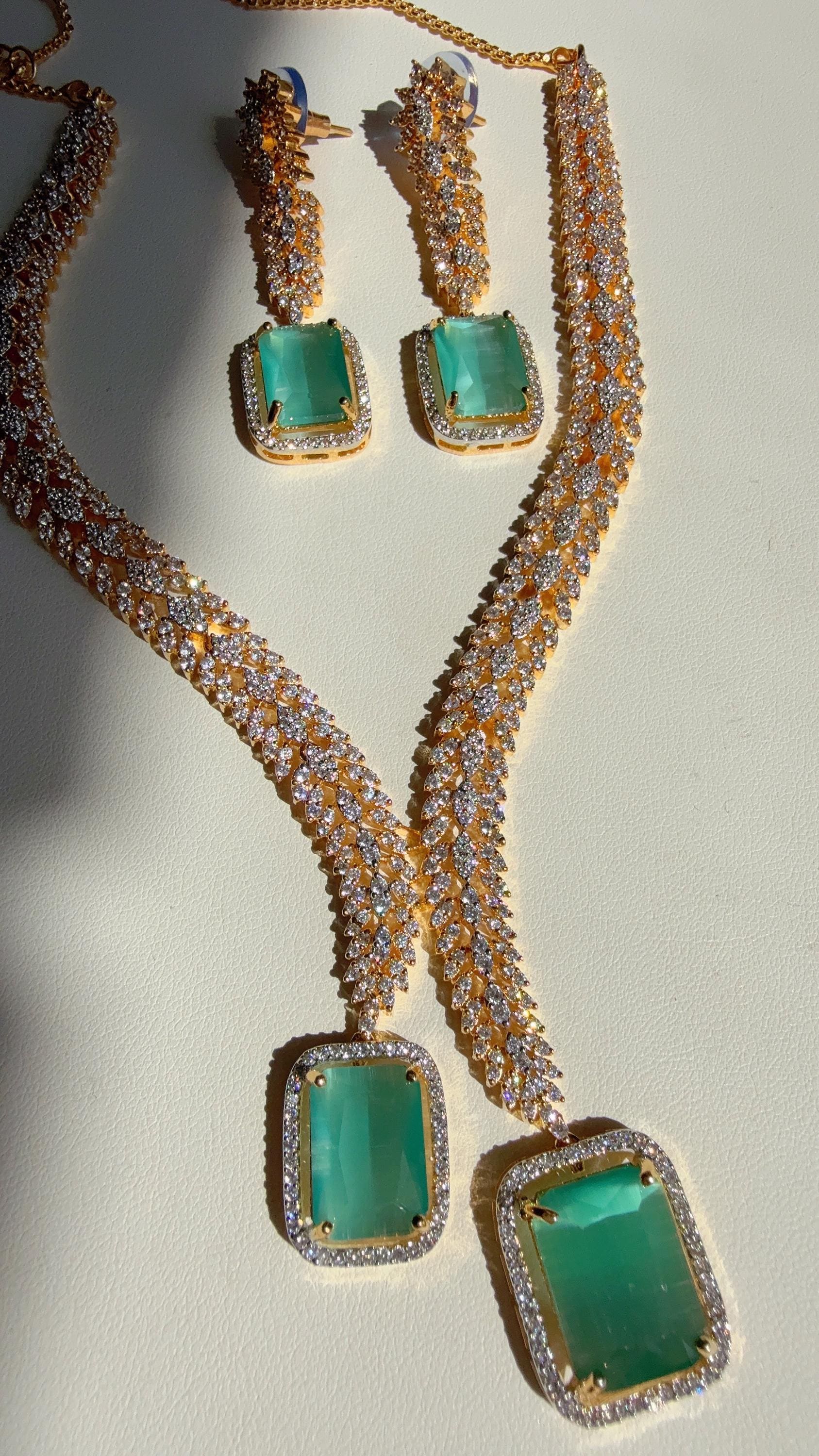 Silver Diamond emerald Necklace /Indian jewelry/ CZ 2 tone diamond Choker/Bridal choker/Diamond Jewelry / Indian Necklace/diamond necklace