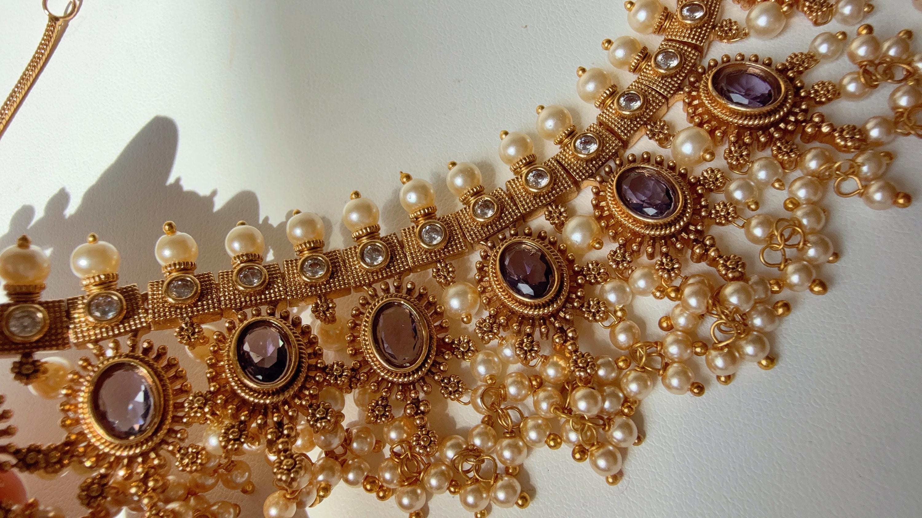 Gold Plated purple Choker Necklace Set/South Indian jewelry/Indian Wedding jewelry/Gold Finish purple stone necklace/Purple Choker Necklace
