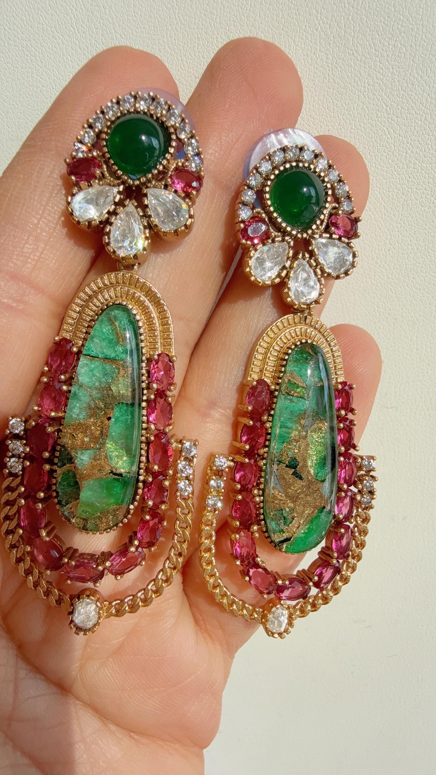 Sabyasachi-Inspired Moissanite Ruby Green Earrings/Elegant Statement Jewelry/ Moissanite Green Earrings/Bridal Diamond earrings