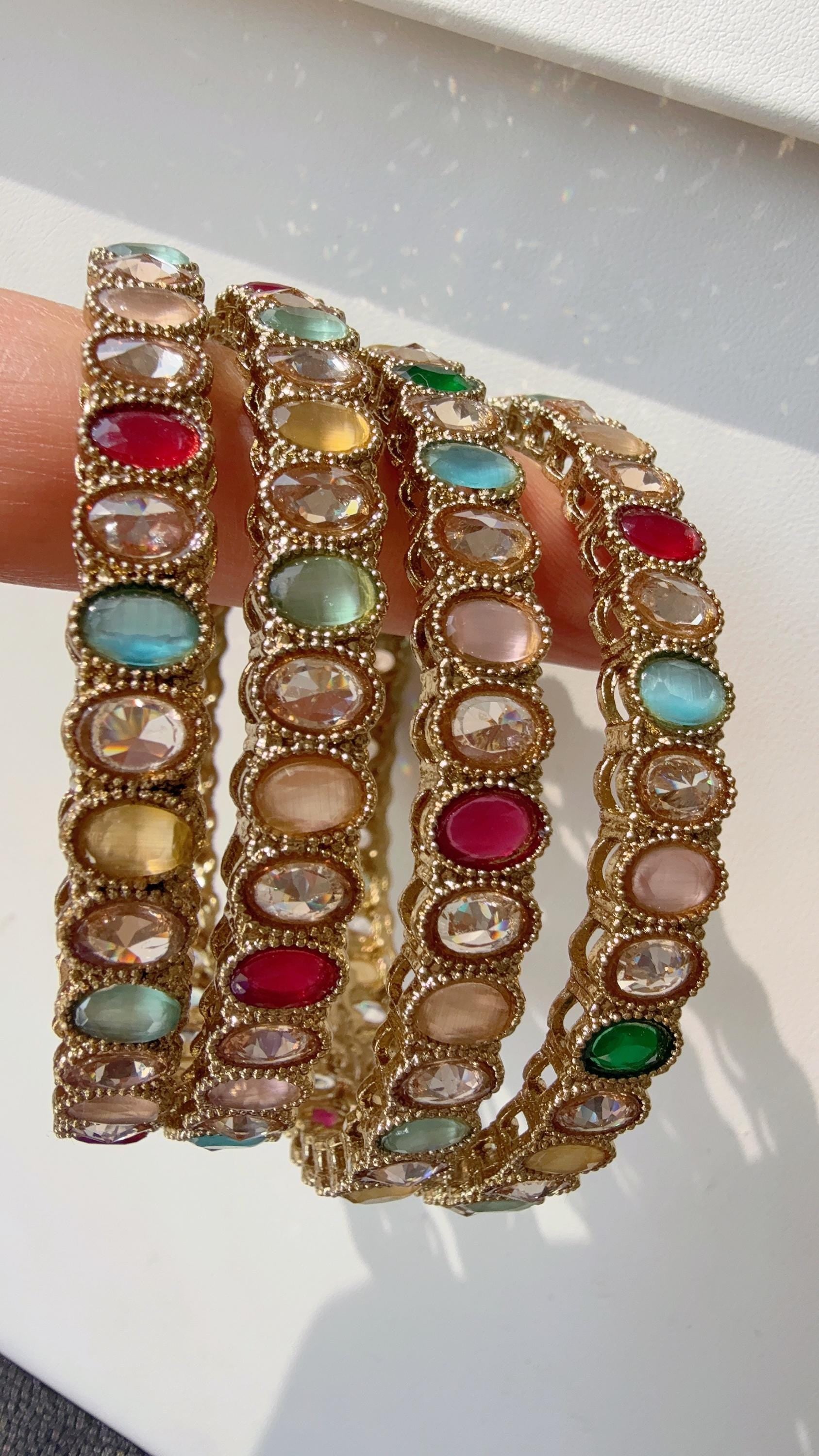 Antique finish Kundan polki navratan Multi Bangles Set(4 Pc)/Indian bangles/Indian Jewelry/ Kundan Bangles/ kundan bangles/wedding jewelry