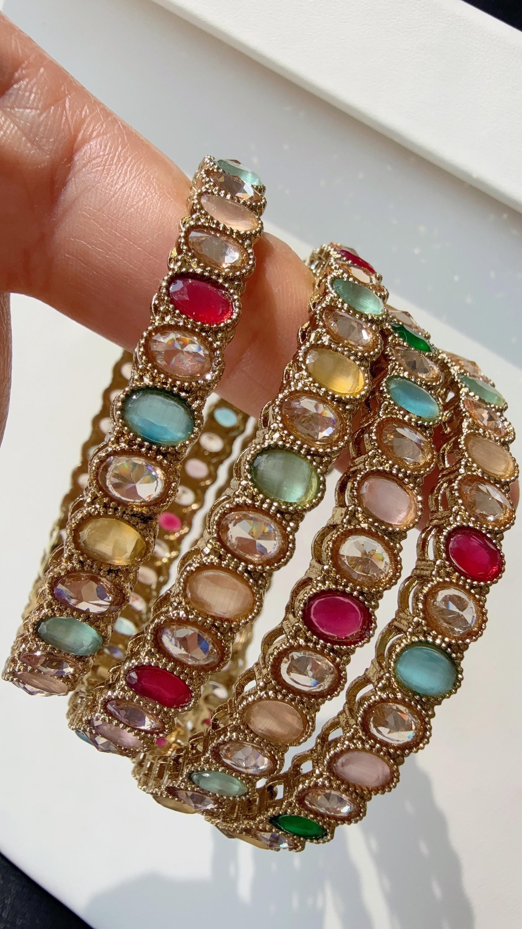 Antique finish Kundan polki navratan Multi Bangles Set(4 Pc)/Indian bangles/Indian Jewelry/ Kundan Bangles/ kundan bangles/wedding jewelry