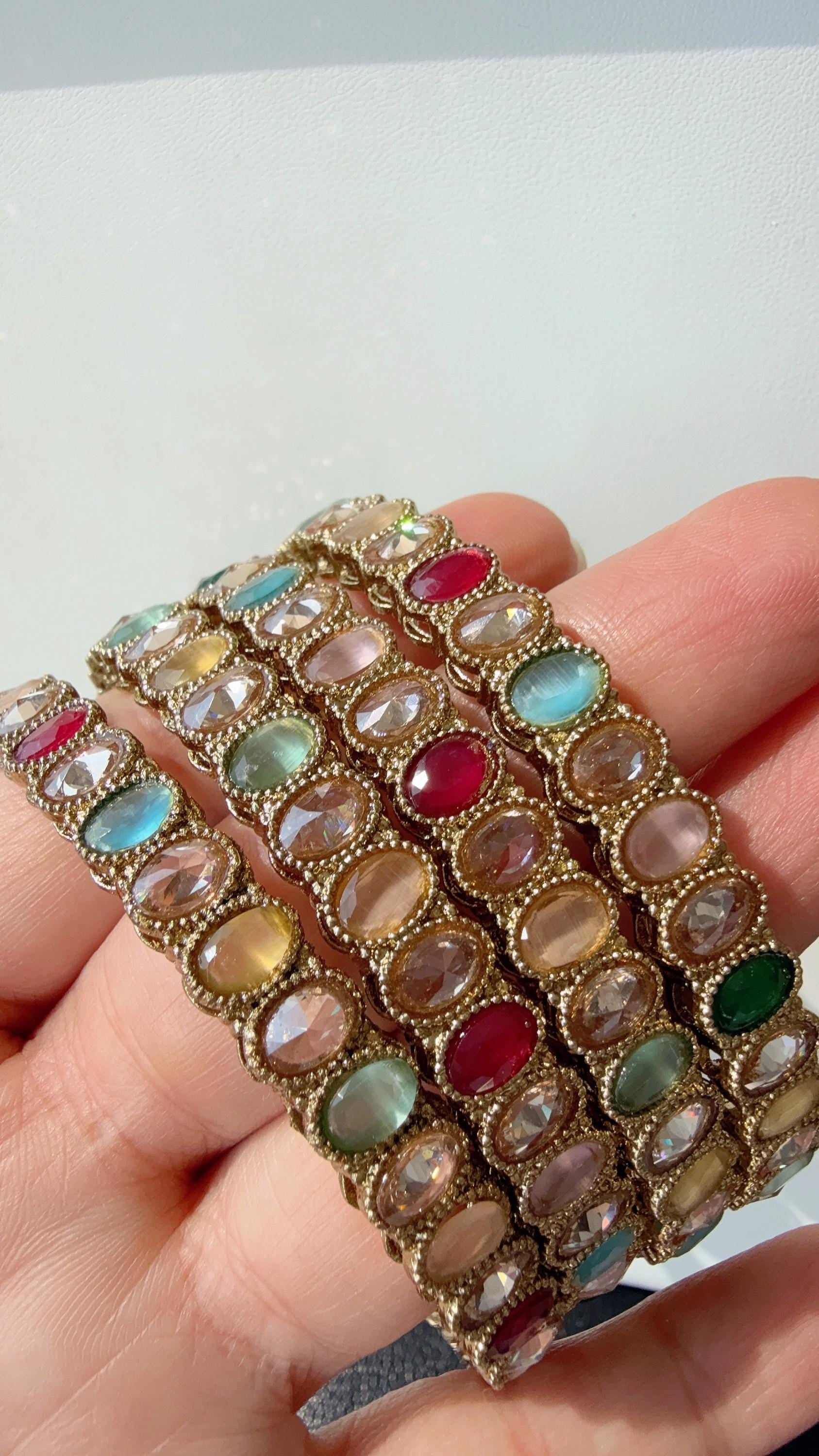 Antique finish Kundan polki navratan Multi Bangles Set(4 Pc)/Indian bangles/Indian Jewelry/ Kundan Bangles/ kundan bangles/wedding jewelry