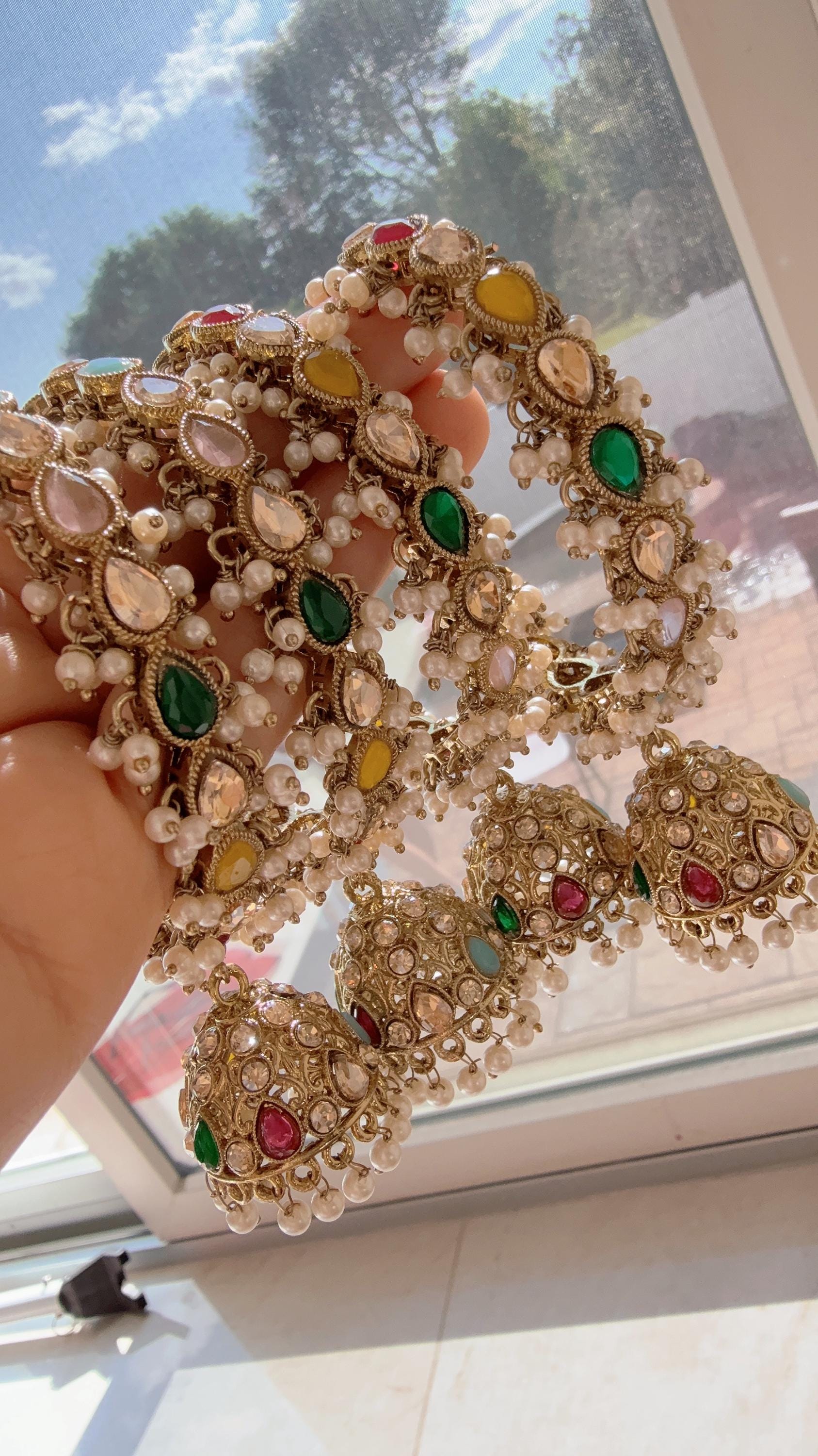 Set of 4 Multi Polki Kundan antique finish Jhumka Bangles/ Wedding bangles /Indian jewelry/ Kundan bangles/Navratan Multi Bridal bangles