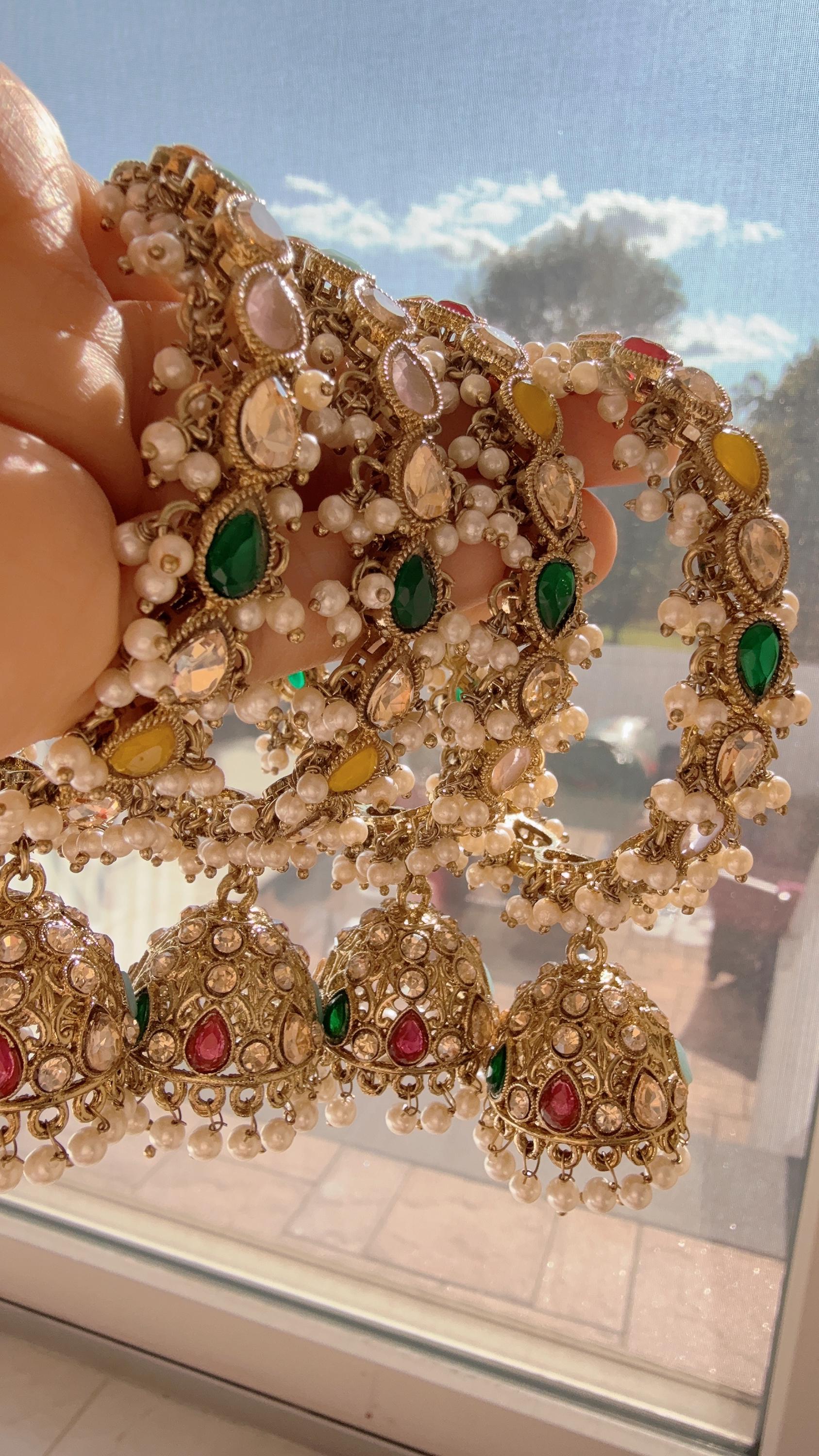 Set of 4 Multi Polki Kundan antique finish Jhumka Bangles/ Wedding bangles /Indian jewelry/ Kundan bangles/Navratan Multi Bridal bangles