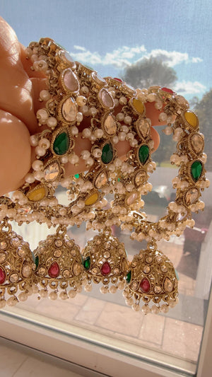 Set of 4 Multi Polki Kundan antique finish Jhumka Bangles/ Wedding bangles /Indian jewelry/ Kundan bangles/Navratan Multi Bridal bangles