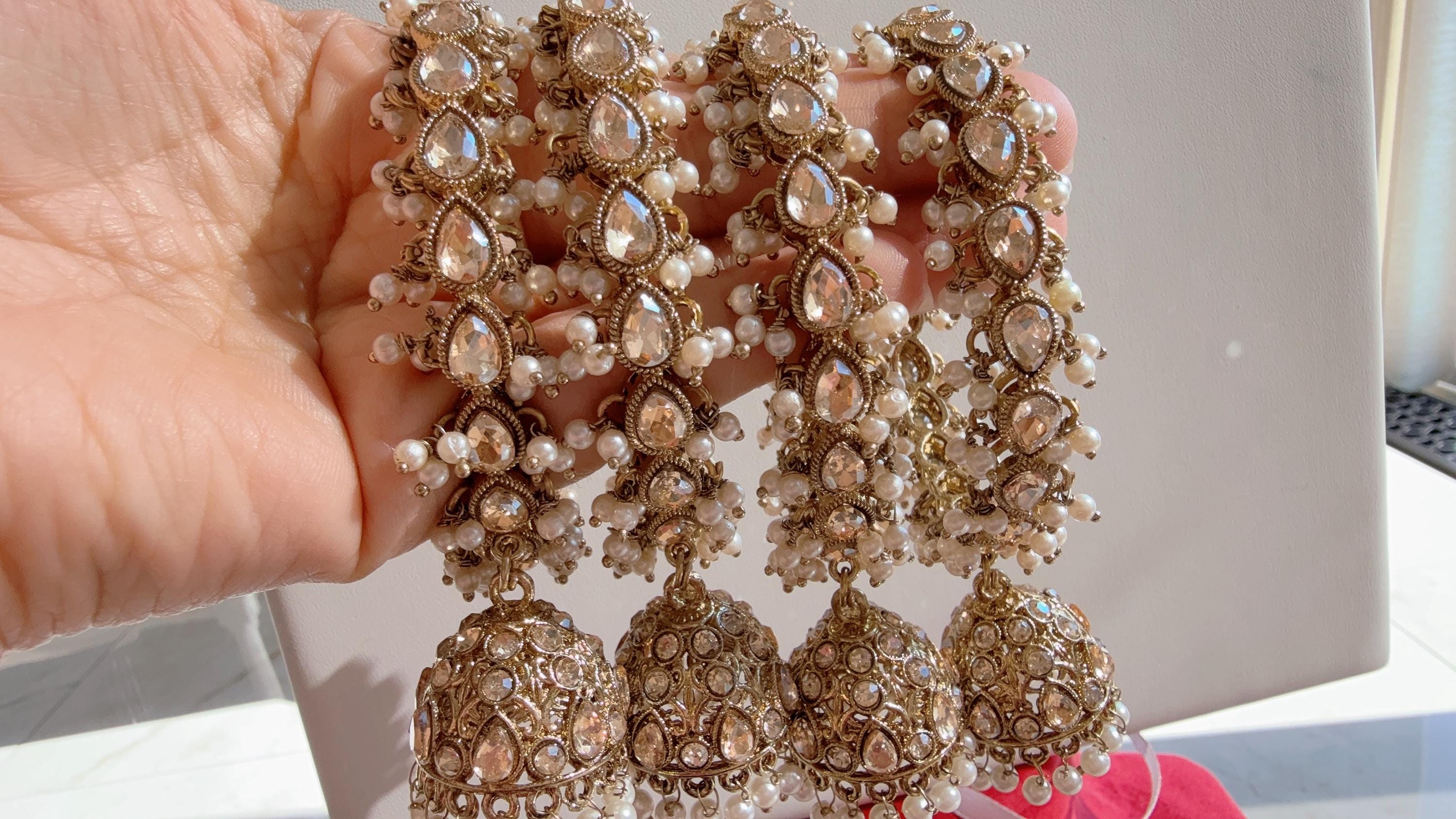 Set of 4 Gold Kundan Polki Pearl jhumka Bangles 4 PC/Indian Bangles/ Indian jewelry/wedding jewelry Kundan bangles/Polki Kundan bangles