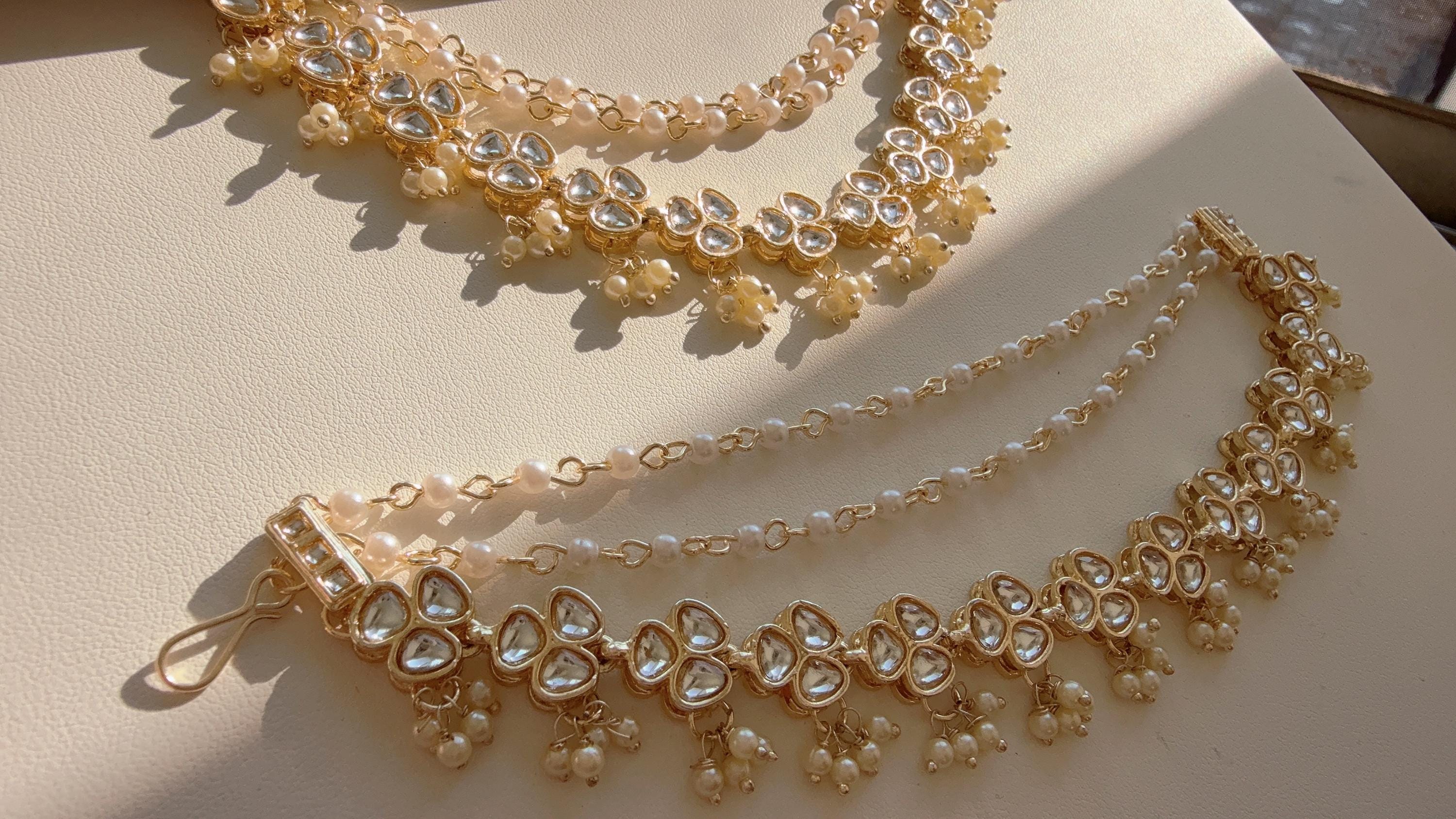 Gold kundan pearl Ear Chain pair/Sahare/Earring support chain/Kaan sahara//Pakistani Jewelry/Bahubali Earrings/Indian Jewelry