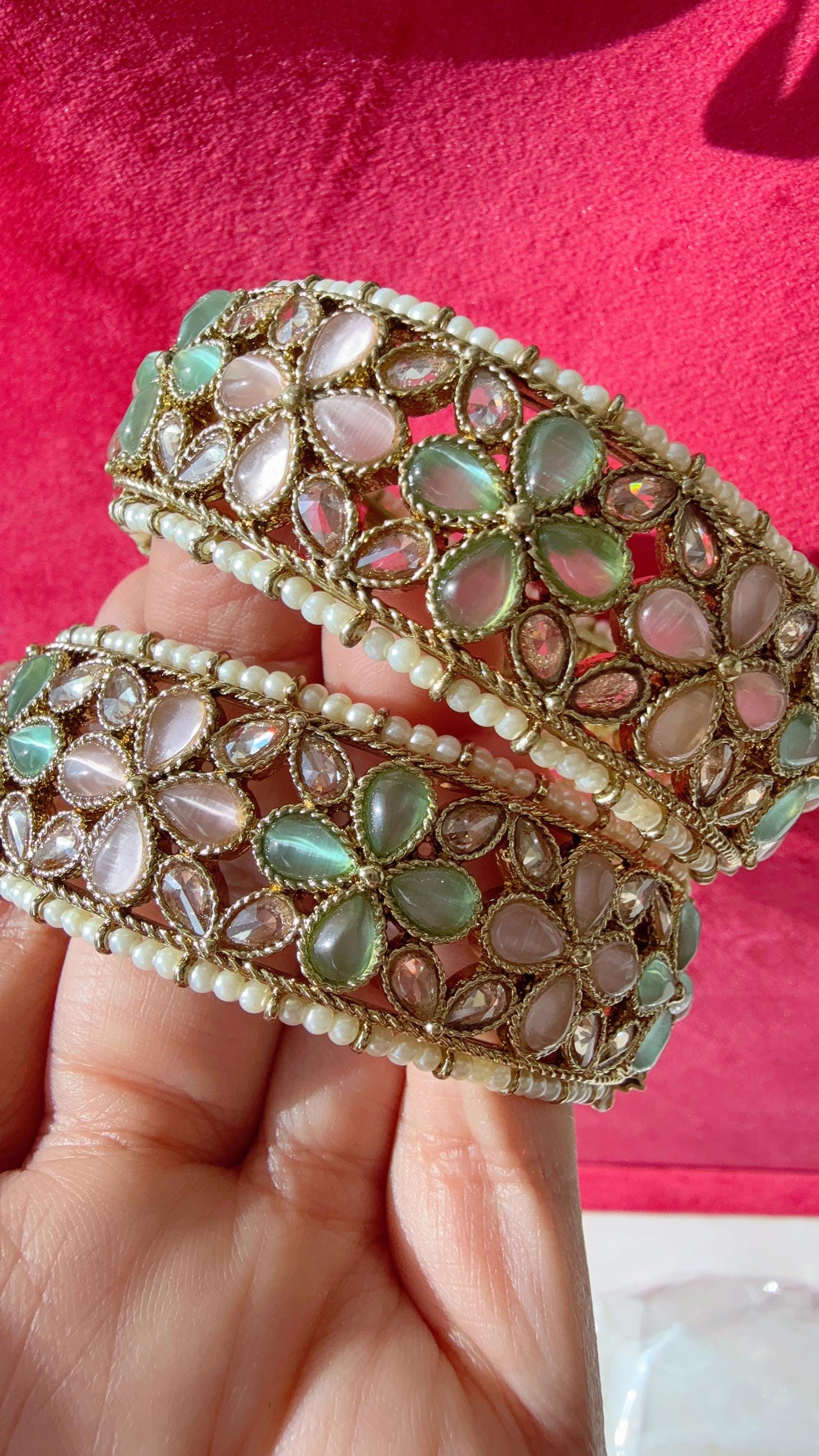 Openable Mint PInk Kundan Polki bridal Bangles kada pair/antique Finished Kundan Polki wide Kada/Indian Jewelry/Mint Pink Kundan Kangan