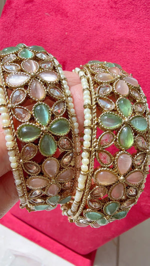Openable Mint PInk Kundan Polki bridal Bangles kada pair/antique Finished Kundan Polki wide Kada/Indian Jewelry/Mint Pink Kundan Kangan