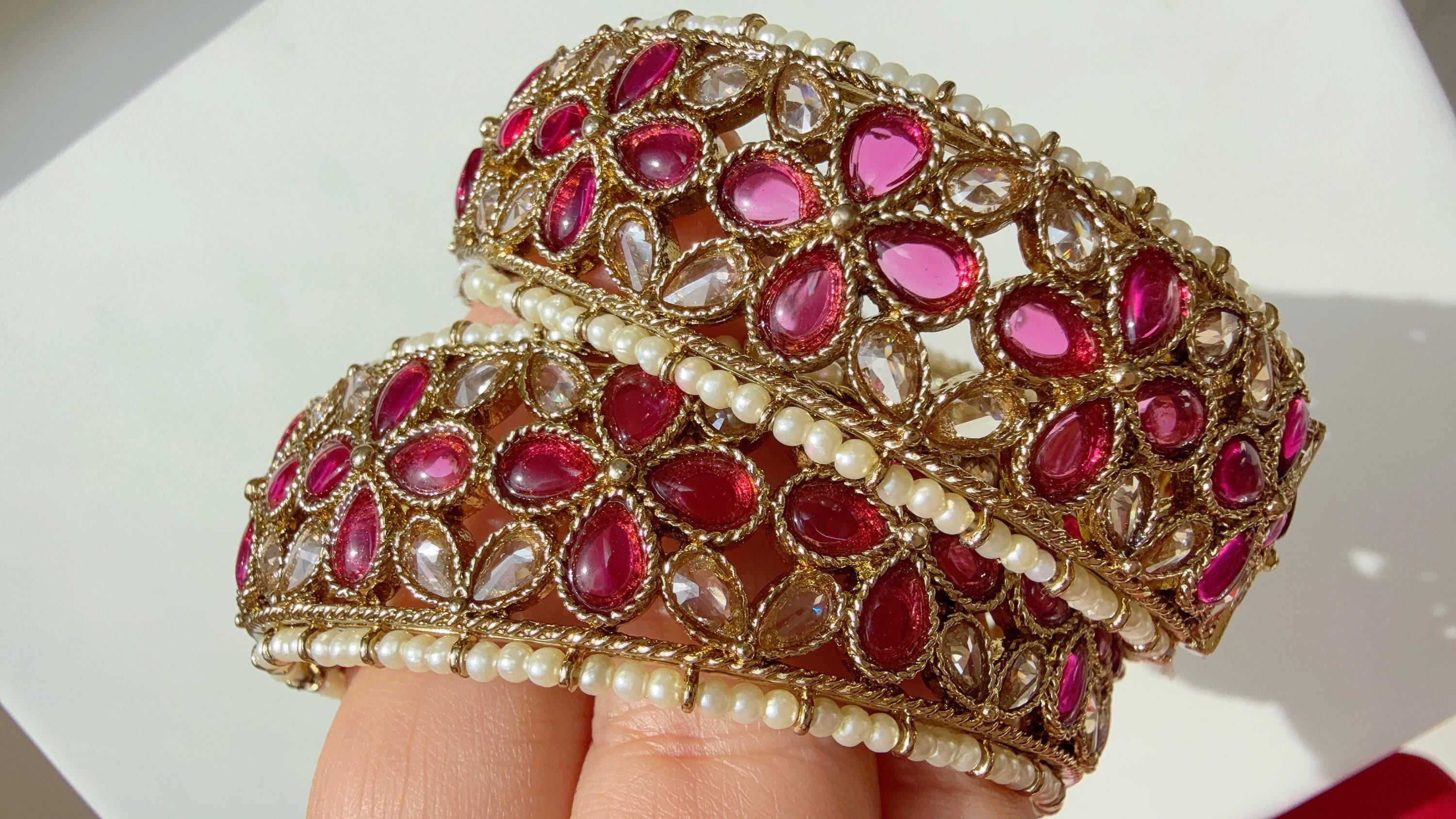 Openable Ruby Kundan Polki bridal Bangles kada pair/antique Finished Kundan Polki wide Kada/Indian Jewelry/Ruby Kundan Kangan