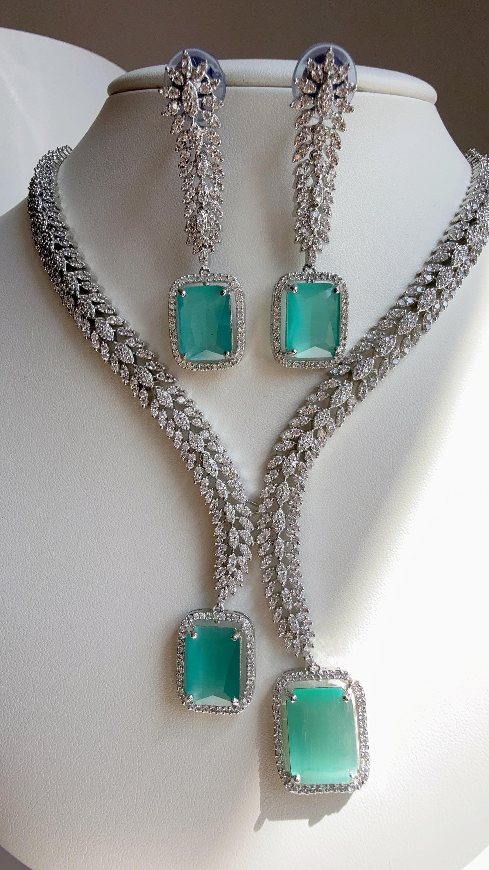 Rhodium silver Diamond Mint Necklace /Indian jewelry/ White Finish Diamond Mint Stone Necklace Set/Silver tone CZ Bridal Jewelry