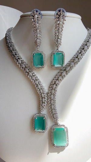 Rhodium silver Diamond Mint Necklace /Indian jewelry/ White Finish Diamond Mint Stone Necklace Set/Silver tone CZ Bridal Jewelry