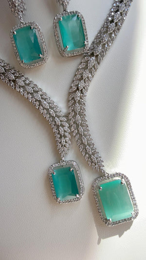 Rhodium silver Diamond Mint Necklace /Indian jewelry/ White Finish Diamond Mint Stone Necklace Set/Silver tone CZ Bridal Jewelry