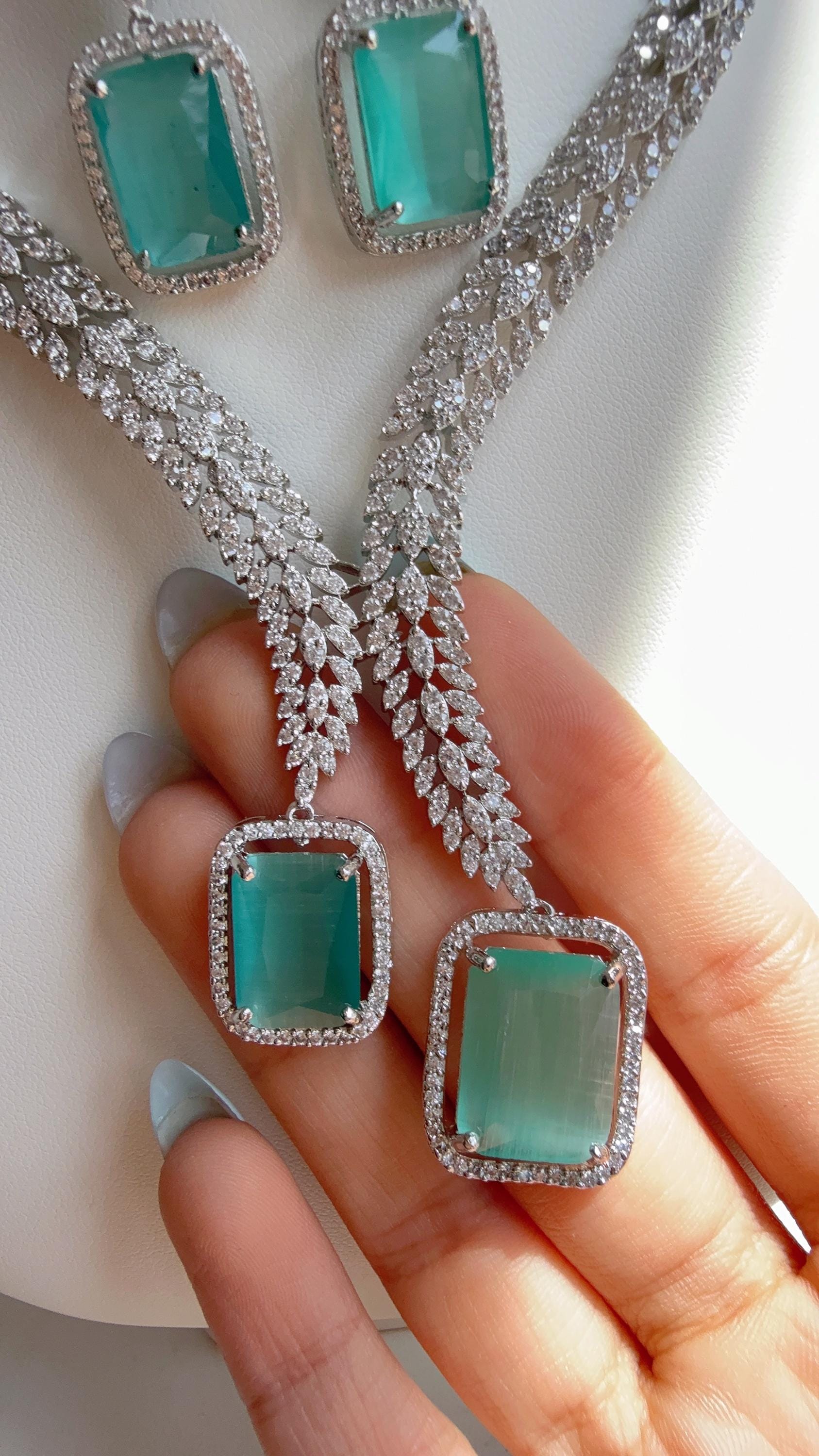 Rhodium silver Diamond Mint Necklace /Indian jewelry/ White Finish Diamond Mint Stone Necklace Set/Silver tone CZ Bridal Jewelry