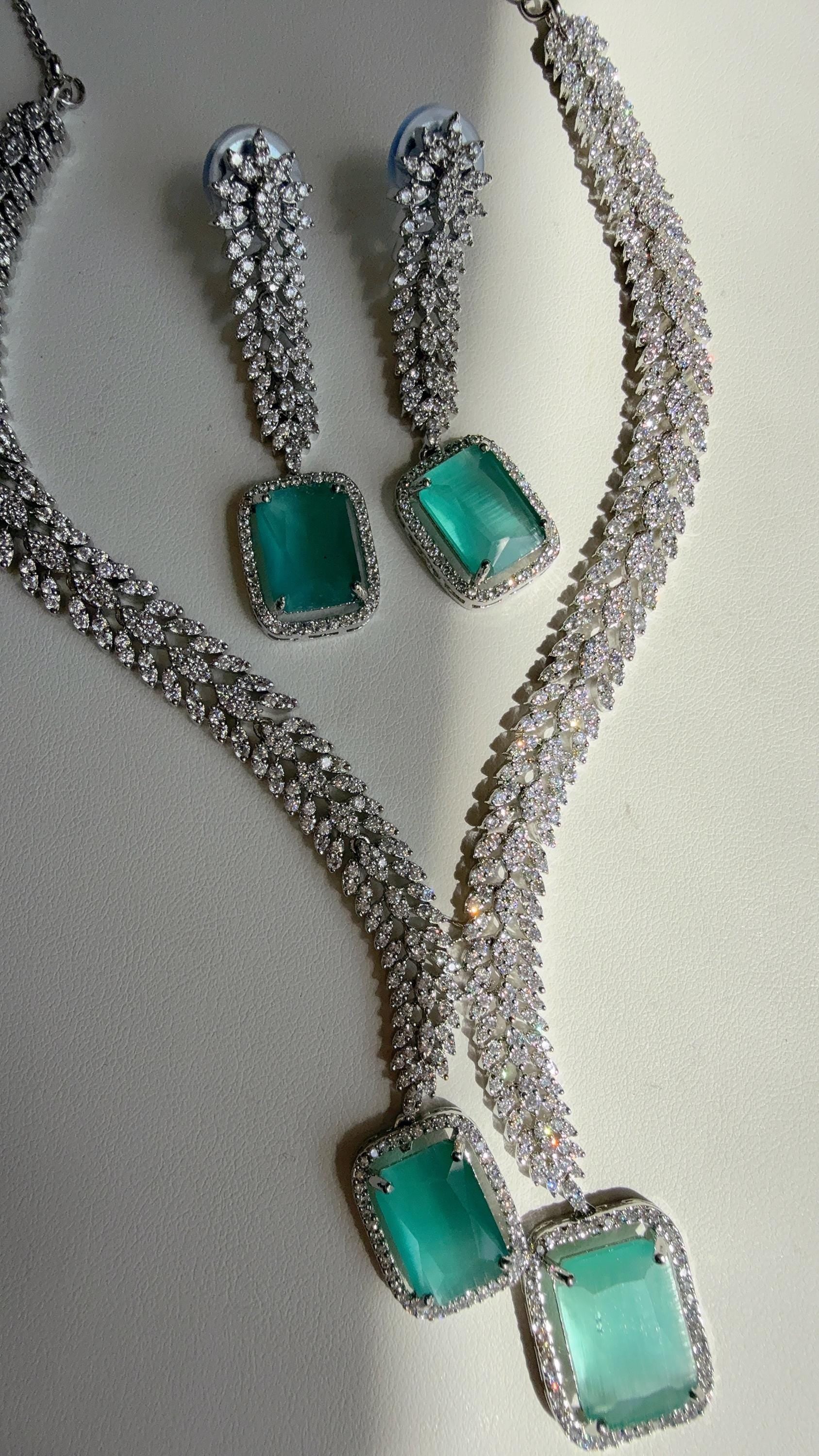 Rhodium silver Diamond Mint Necklace /Indian jewelry/ White Finish Diamond Mint Stone Necklace Set/Silver tone CZ Bridal Jewelry