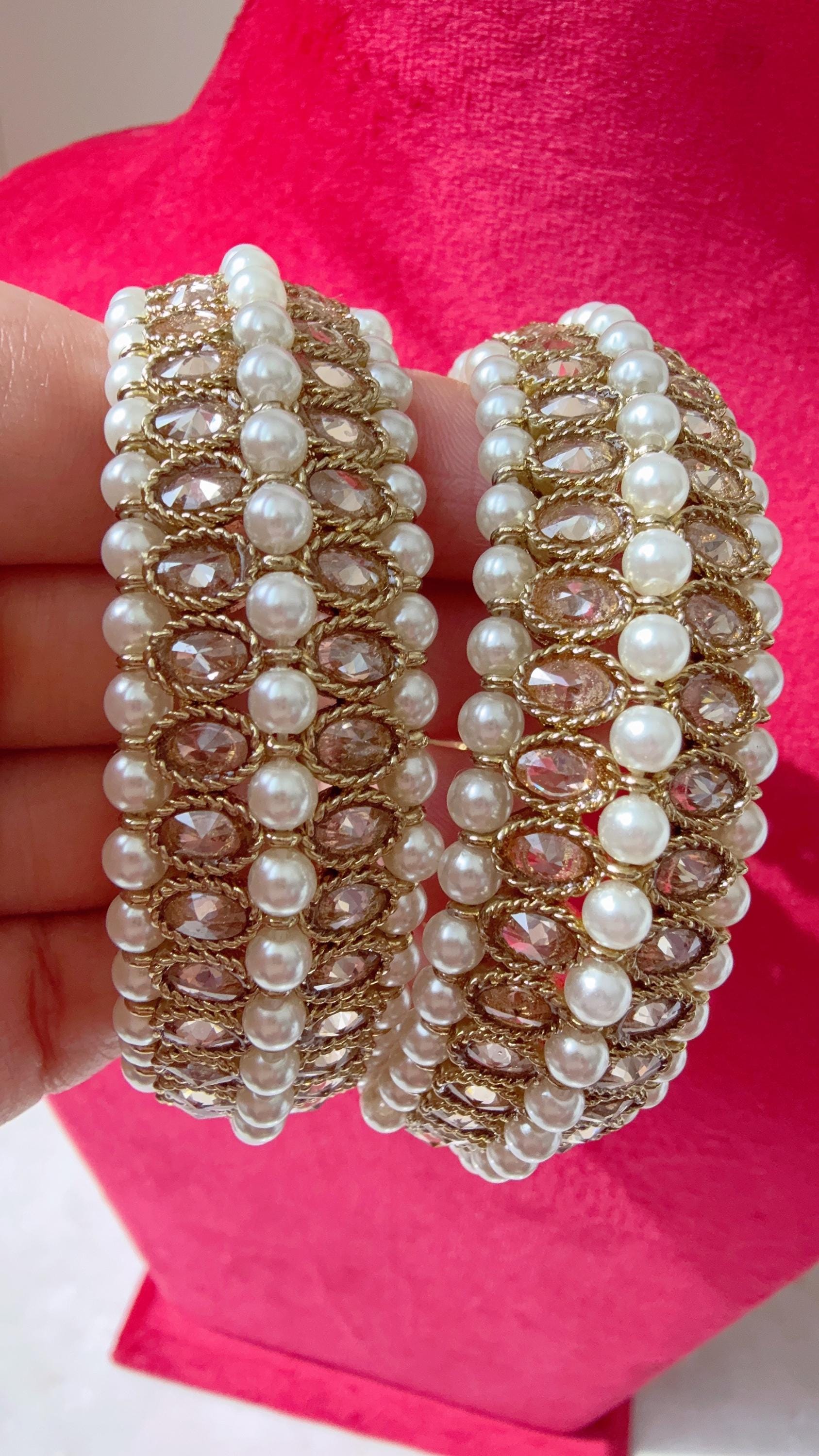 Gold Kundan Polki Bangles pair/Polki Kundan antique finish Pearl Bangles /Indian Jewelry// Kundan Bangles/gold kundan bangles/Indian Wedding
