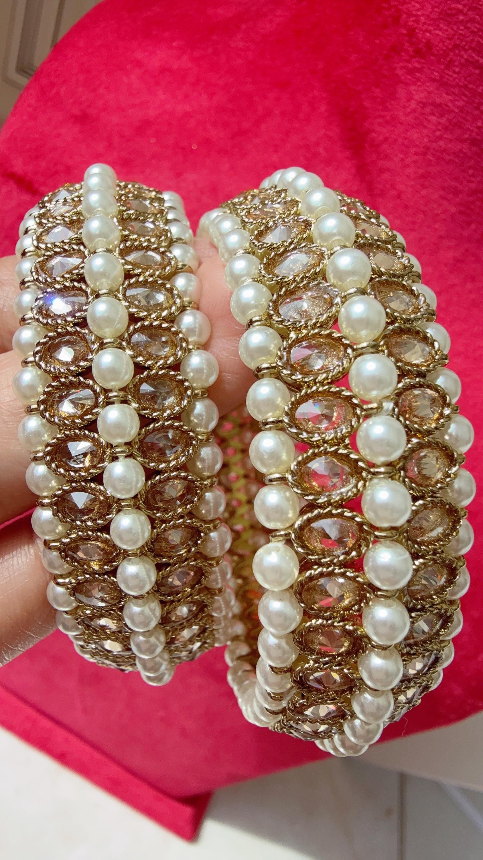Gold Kundan Polki Bangles pair/Polki Kundan antique finish Pearl Bangles /Indian Jewelry// Kundan Bangles/gold kundan bangles/Indian Wedding