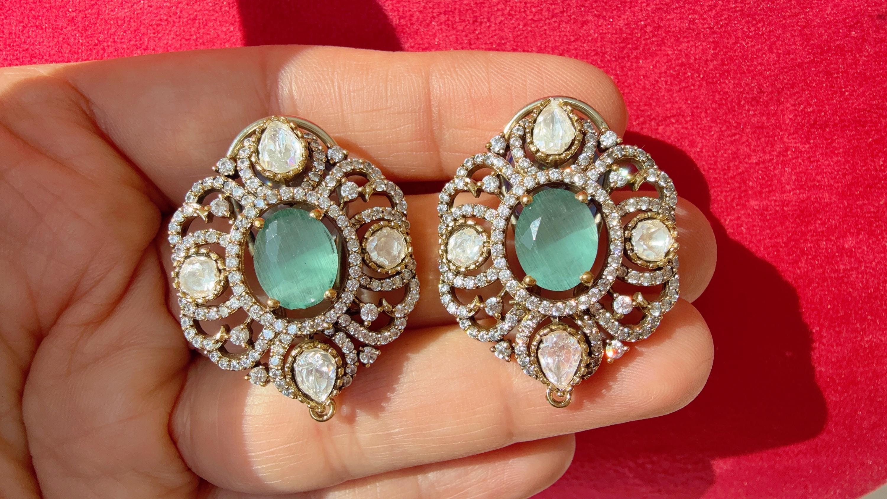 Moissanite precious Stone Mint stud Earrings/Moissanite diamond Kundan Studs /Indian Jewelry /Statement Stud Earring/