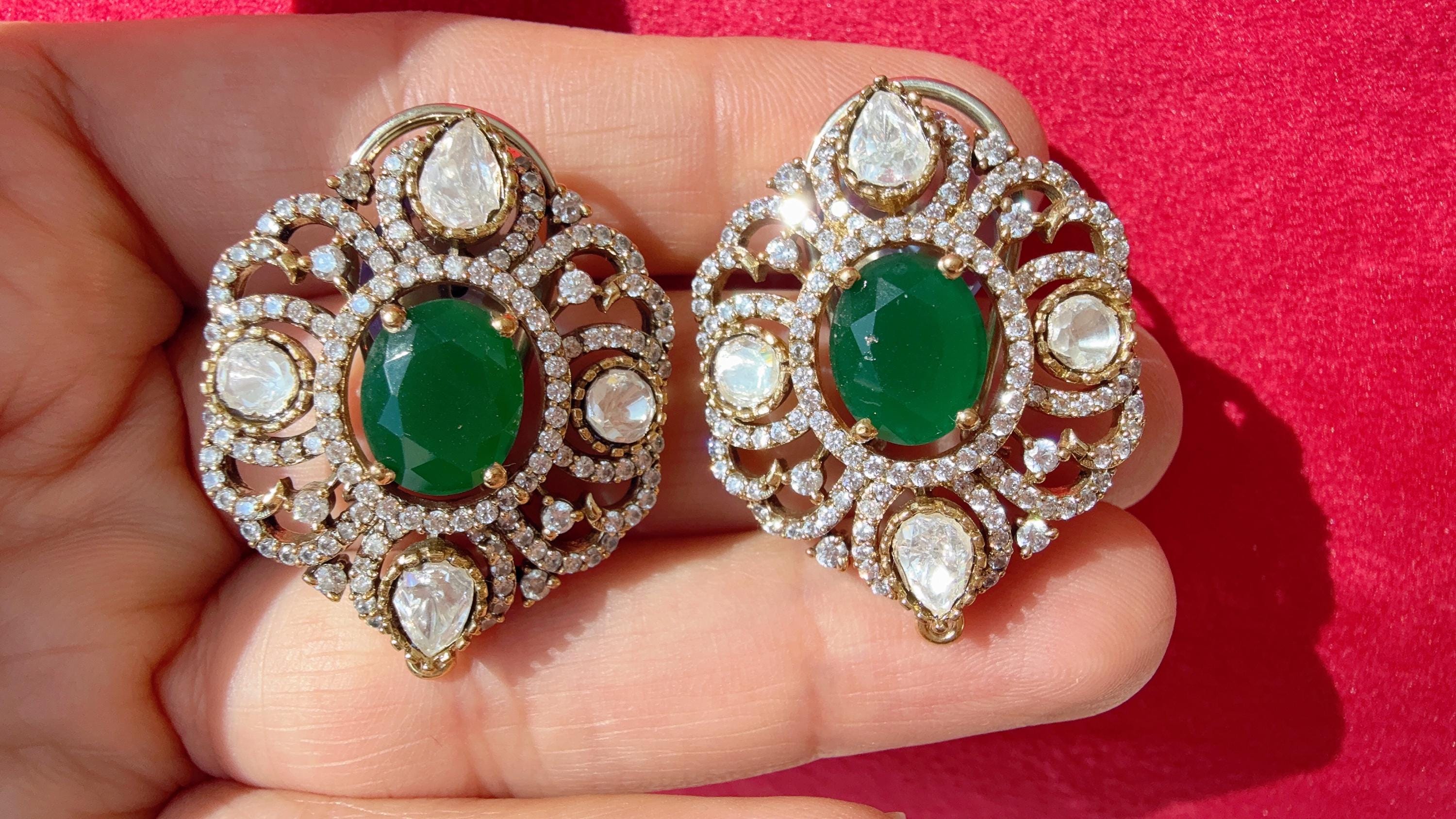 Moissanite precious Stone Green stud Earrings/Moissanite diamond Kundan Studs /Indian Jewelry /Statement Stud Earring/