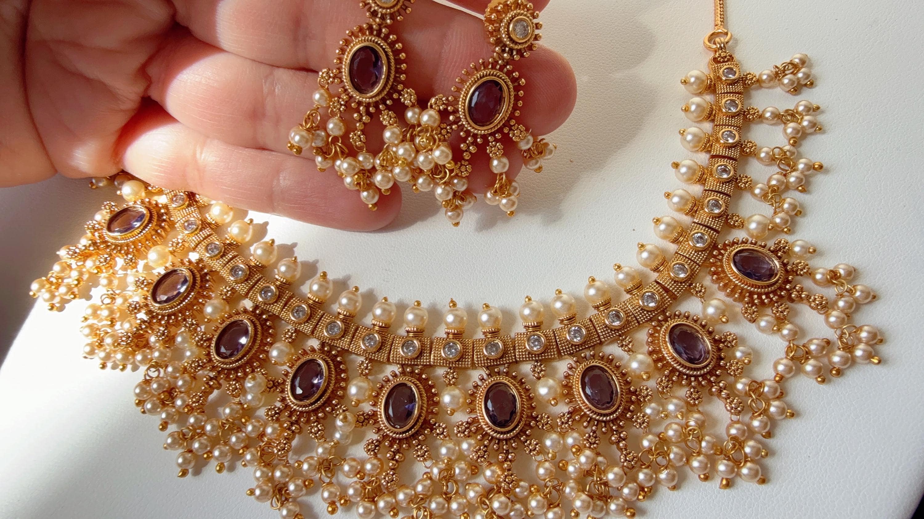 Gold Plated purple Choker Necklace Set/South Indian jewelry/Indian Wedding jewelry/Gold Finish purple stone necklace/Purple Choker Necklace