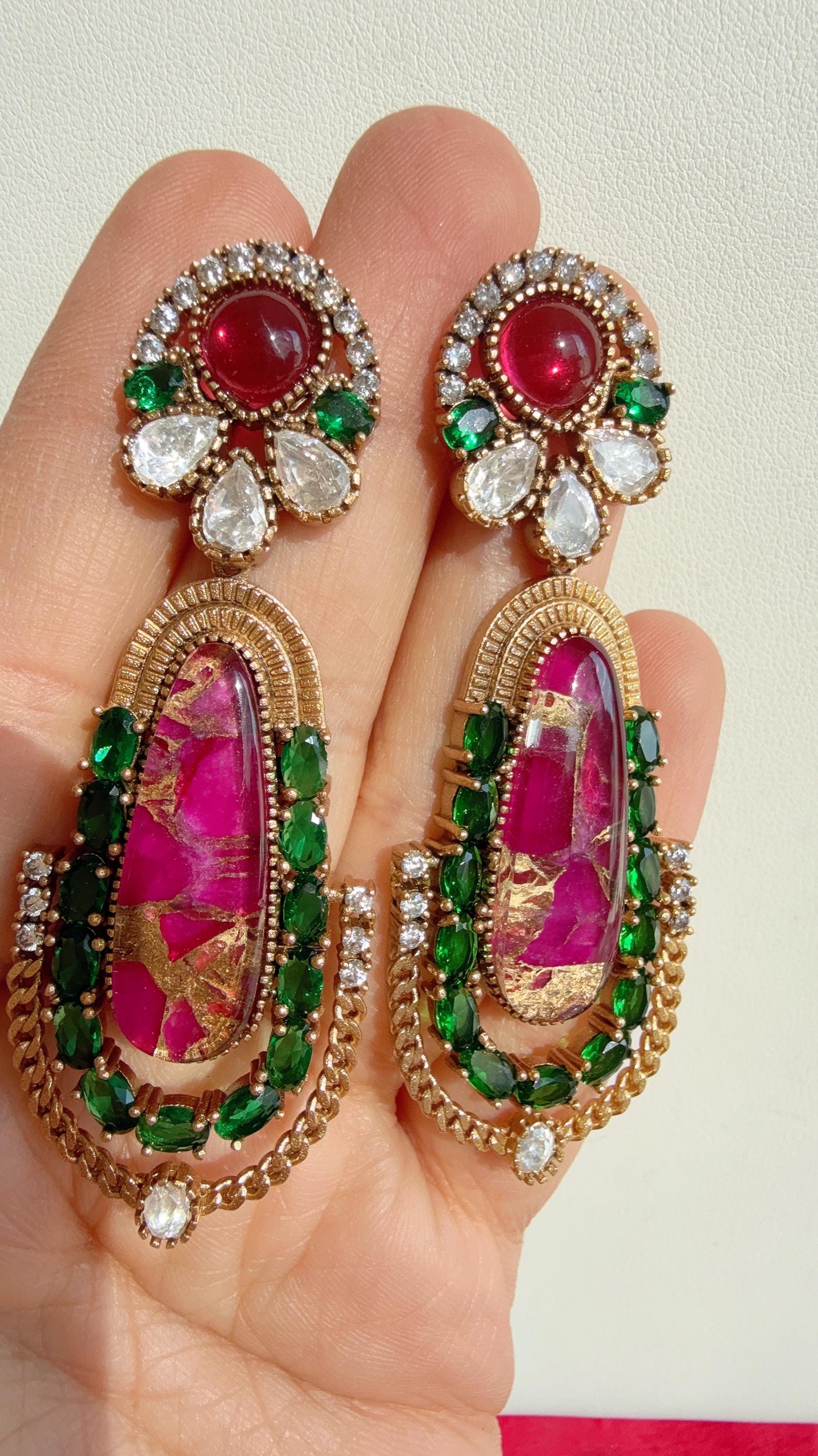 Sabyasachi-Inspired Moissanite Ruby Green Earrings/Elegant Statement Jewelry/ Moissanite Green Earrings/Bridal Diamond earrings