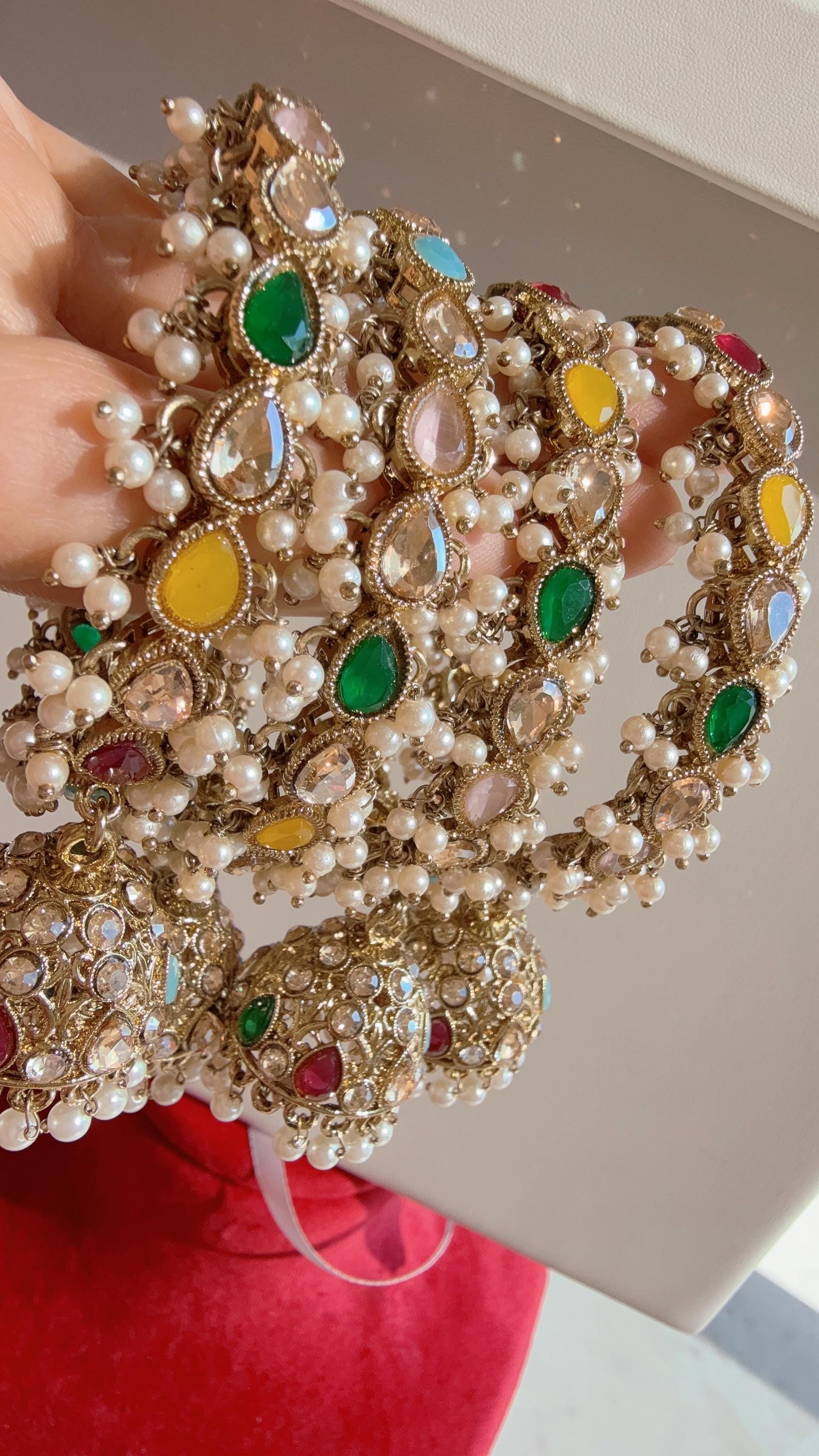 Set of 4 Multi Polki Kundan antique finish Jhumka Bangles/ Wedding bangles /Indian jewelry/ Kundan bangles/Navratan Multi Bridal bangles