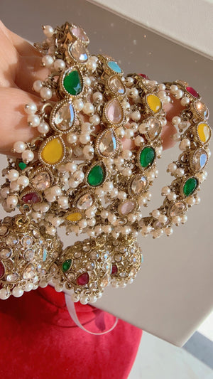 Set of 4 Multi Polki Kundan antique finish Jhumka Bangles/ Wedding bangles /Indian jewelry/ Kundan bangles/Navratan Multi Bridal bangles
