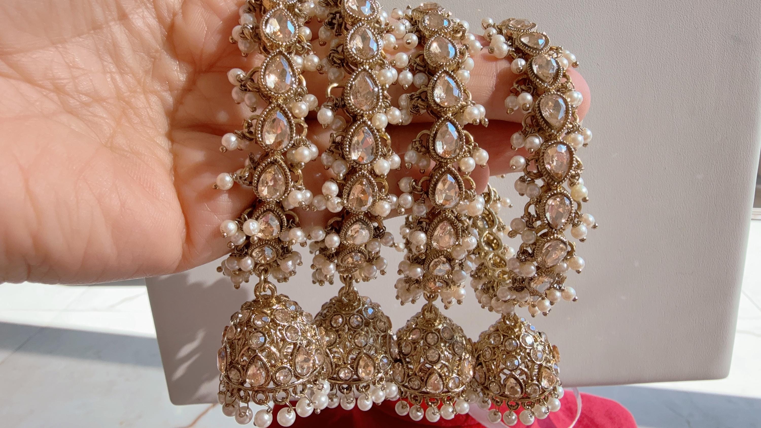 Set of 4 Gold Kundan Polki Pearl jhumka Bangles 4 PC/Indian Bangles/ Indian jewelry/wedding jewelry Kundan bangles/Polki Kundan bangles