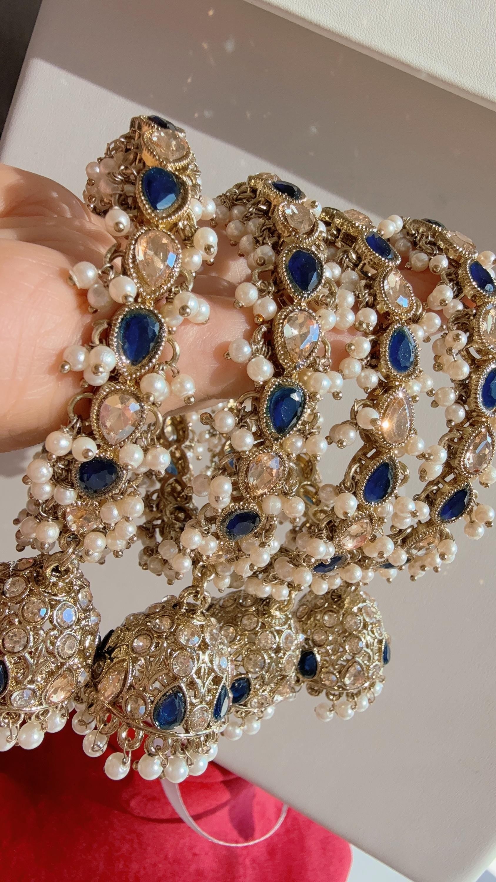 Set of 4 Blue Polki Kundan antique finish Jhumka Bangles/ Wedding bangles /Indian jewelry/ Kundan bangles/ Bridal bangles/Indian bangles