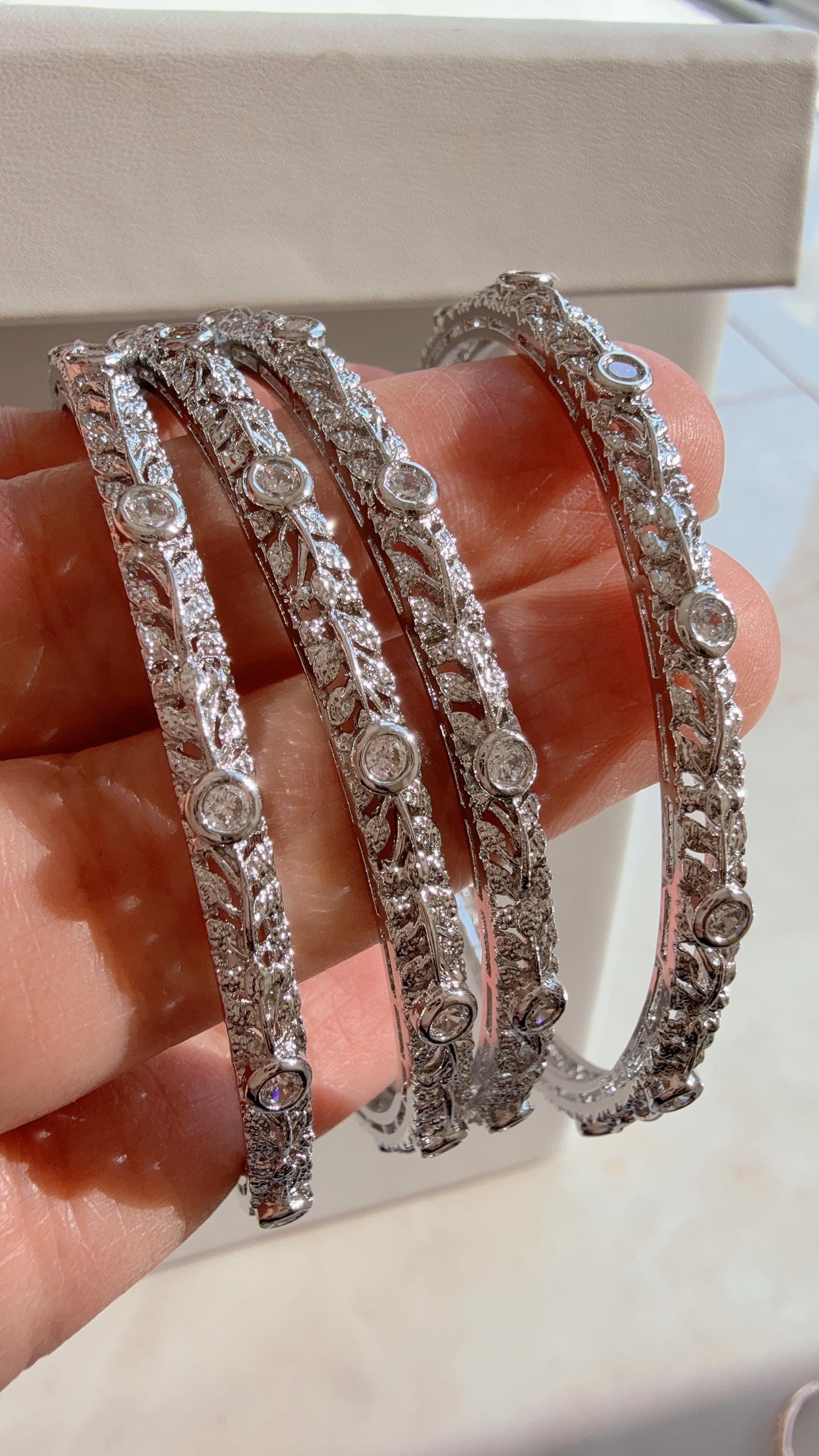 Silver diamond Bangles /Flower Design real silver bangle design/Indian Bangles/ Indian jewelry/Cut Work Filigree Bangles/Gift For her