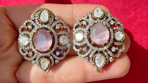 Baby pink Moissanite precious Stone stud Earrings/Moissanite diamond Kundan Studs /Indian Jewelry /Statement Stud Earring/
