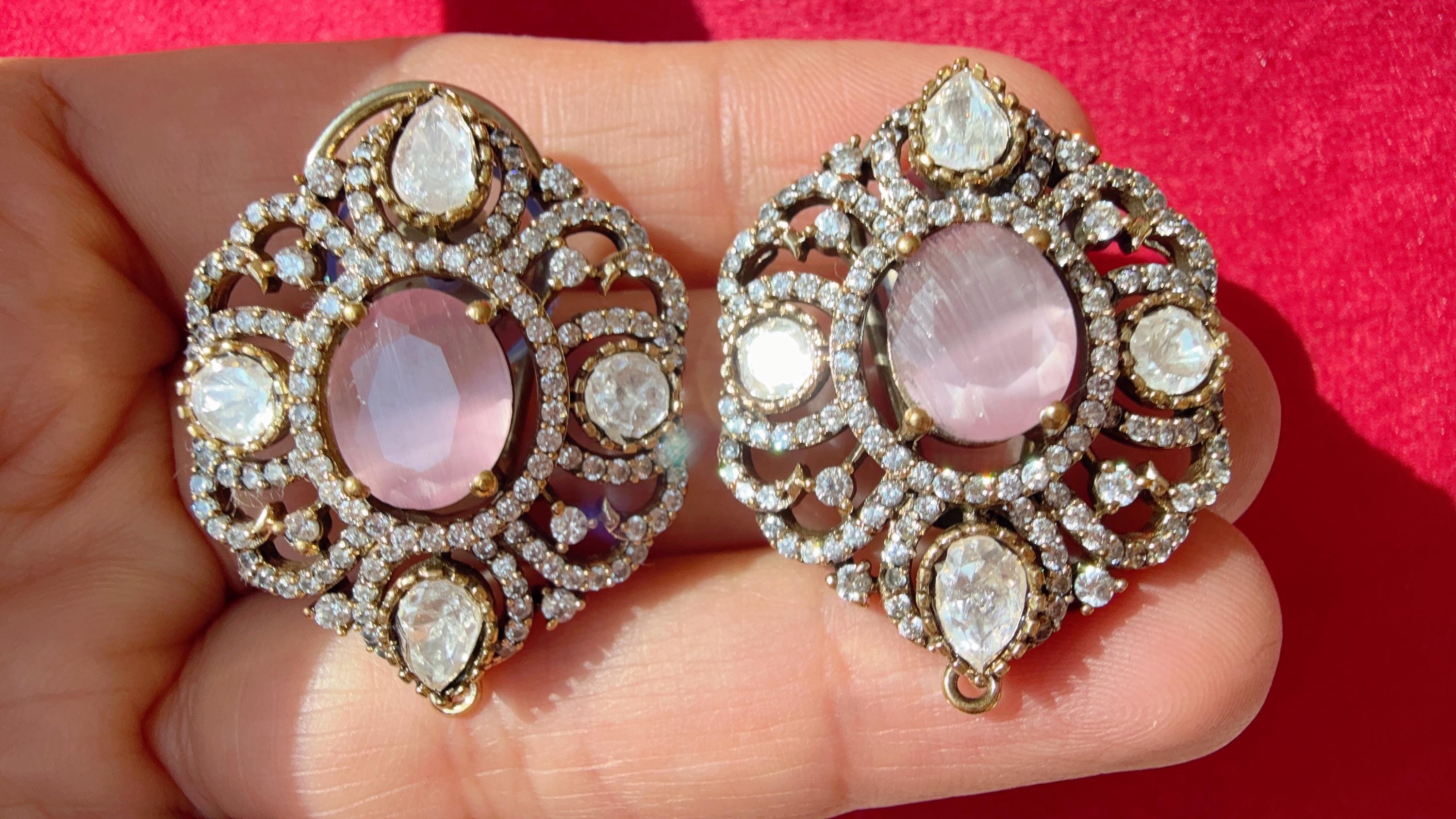 Baby pink Moissanite precious Stone stud Earrings/Moissanite diamond Kundan Studs /Indian Jewelry /Statement Stud Earring/