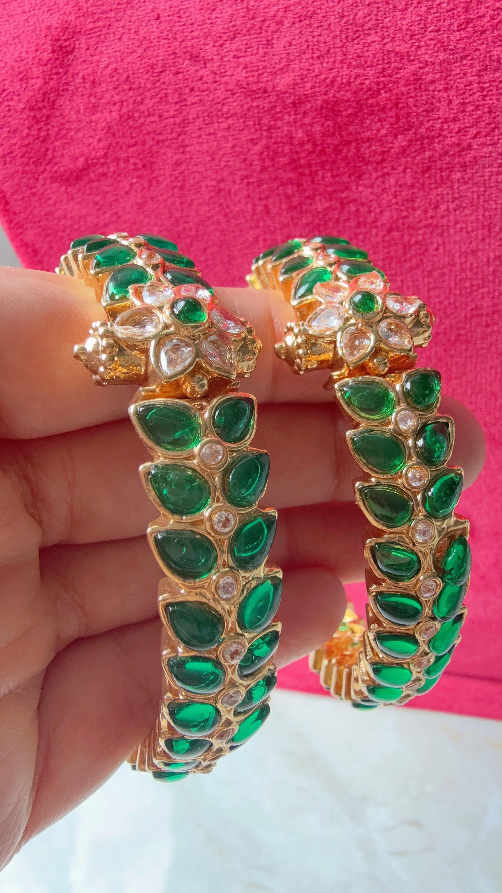 Kemp green Openable Gold kada /Antique gold Kada/Kundan bridal bangles set/Green Kada/Indian bangles Bracelets