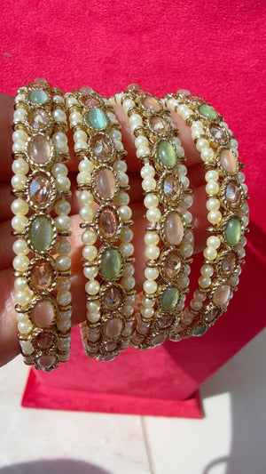 Mint pink Kundan Bangles/Polki Kundan Pearl Bangles Set(4 Pc) /Indian Jewelry/ mint pink Kundan Bangles/Mint pink bangles/Indian Bangles