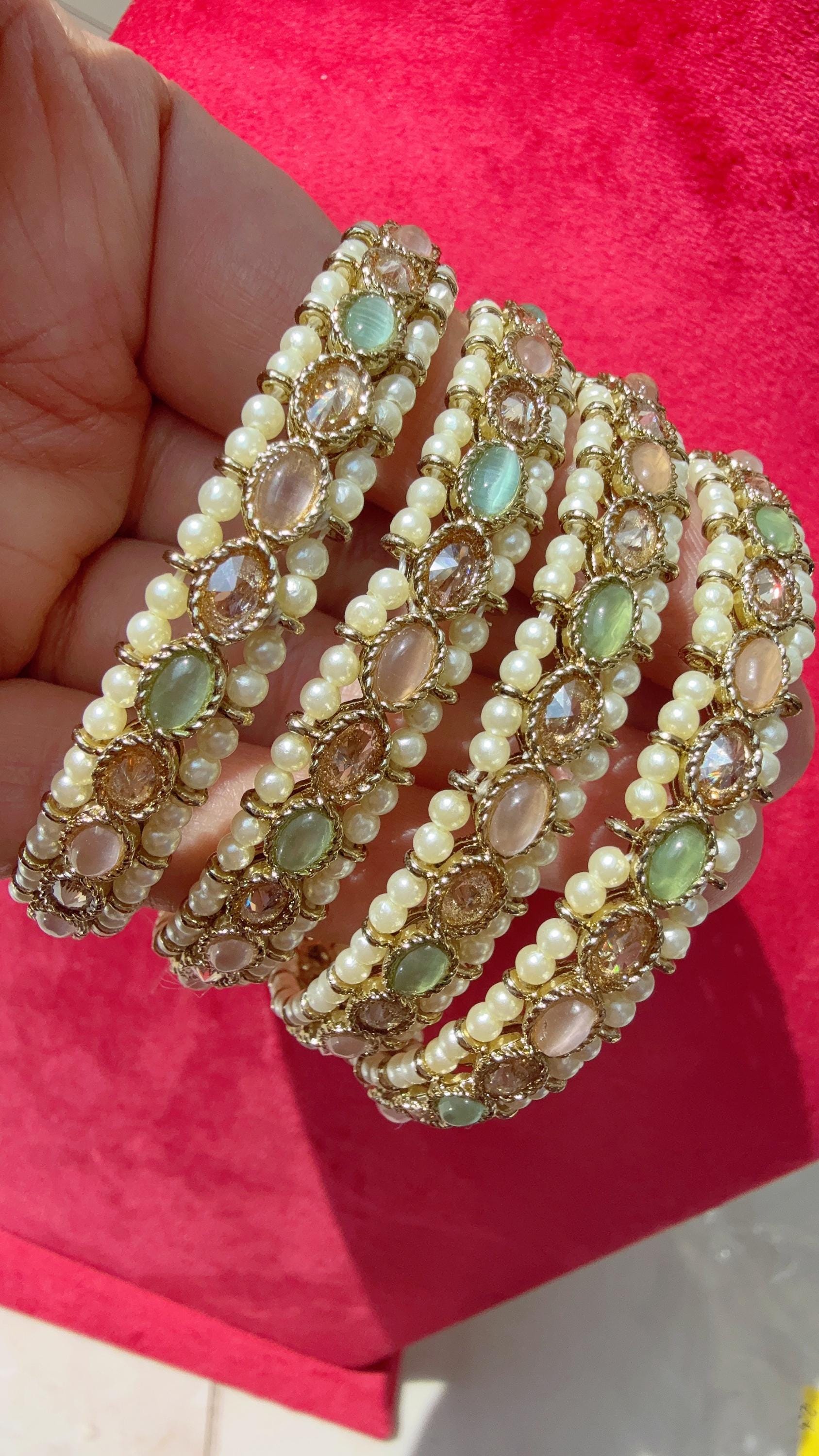 Mint pink Kundan Bangles/Polki Kundan Pearl Bangles Set(4 Pc) /Indian Jewelry/ mint pink Kundan Bangles/Mint pink bangles/Indian Bangles
