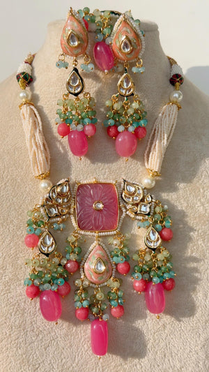 Uncut Polki Diamond Choker Moissanite Polki Necklace Sabyasachi inspired Jewelry Set/Polki Kundan Mint pink Necklace with earrings Tikka