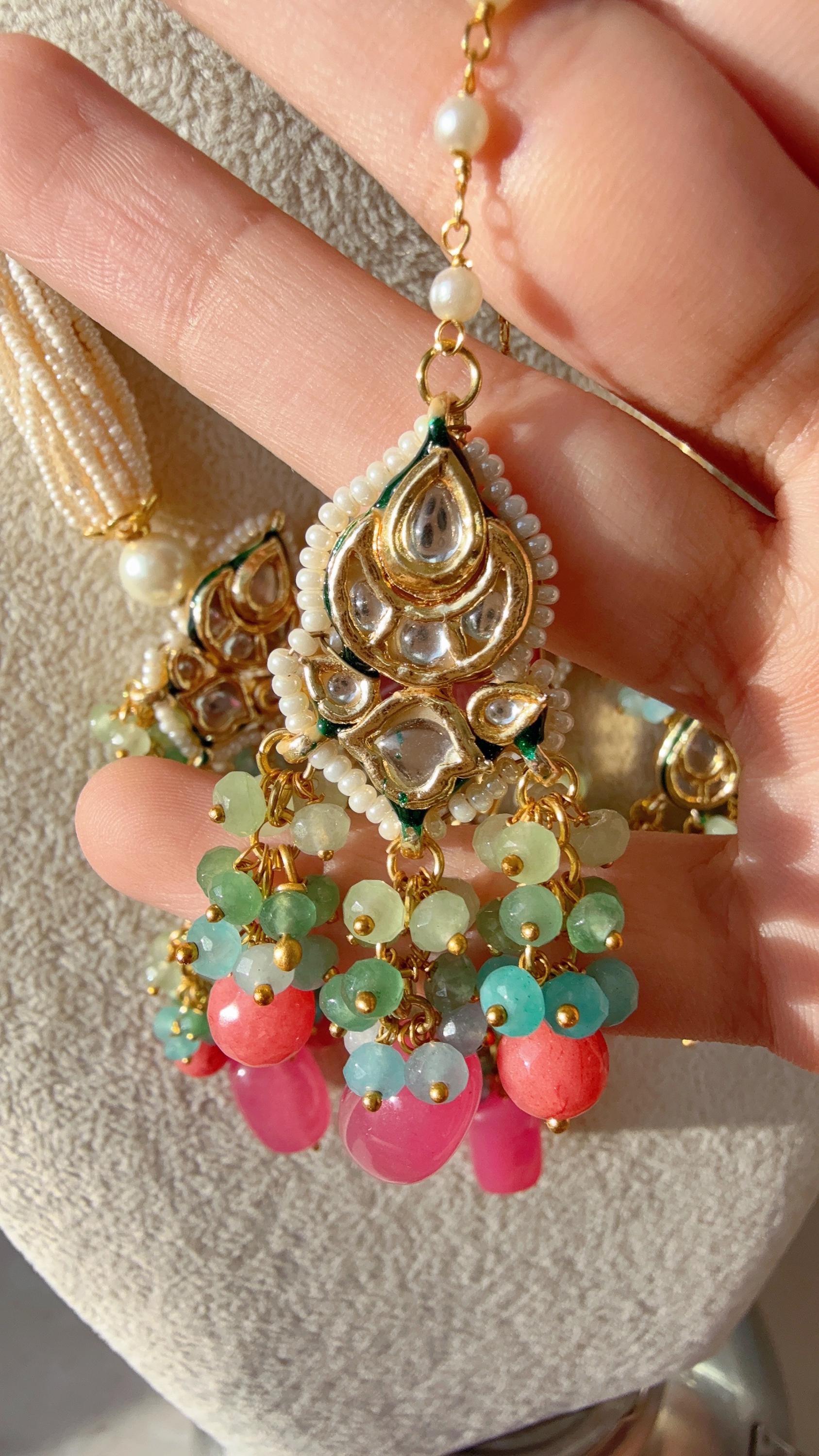 Uncut Polki Diamond Choker Moissanite Polki Necklace Sabyasachi inspired Jewelry Set/Polki Kundan Mint pink Necklace with earrings Tikka