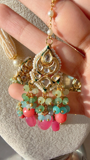 Uncut Polki Diamond Choker Moissanite Polki Necklace Sabyasachi inspired Jewelry Set/Polki Kundan Mint pink Necklace with earrings Tikka