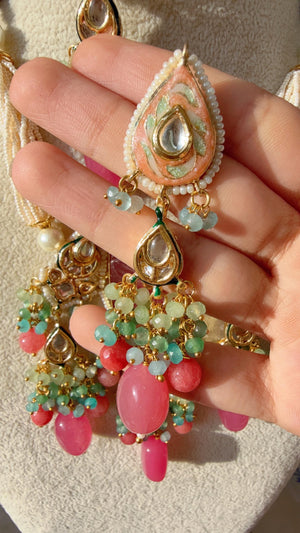 Uncut Polki Diamond Choker Moissanite Polki Necklace Sabyasachi inspired Jewelry Set/Polki Kundan Mint pink Necklace with earrings Tikka