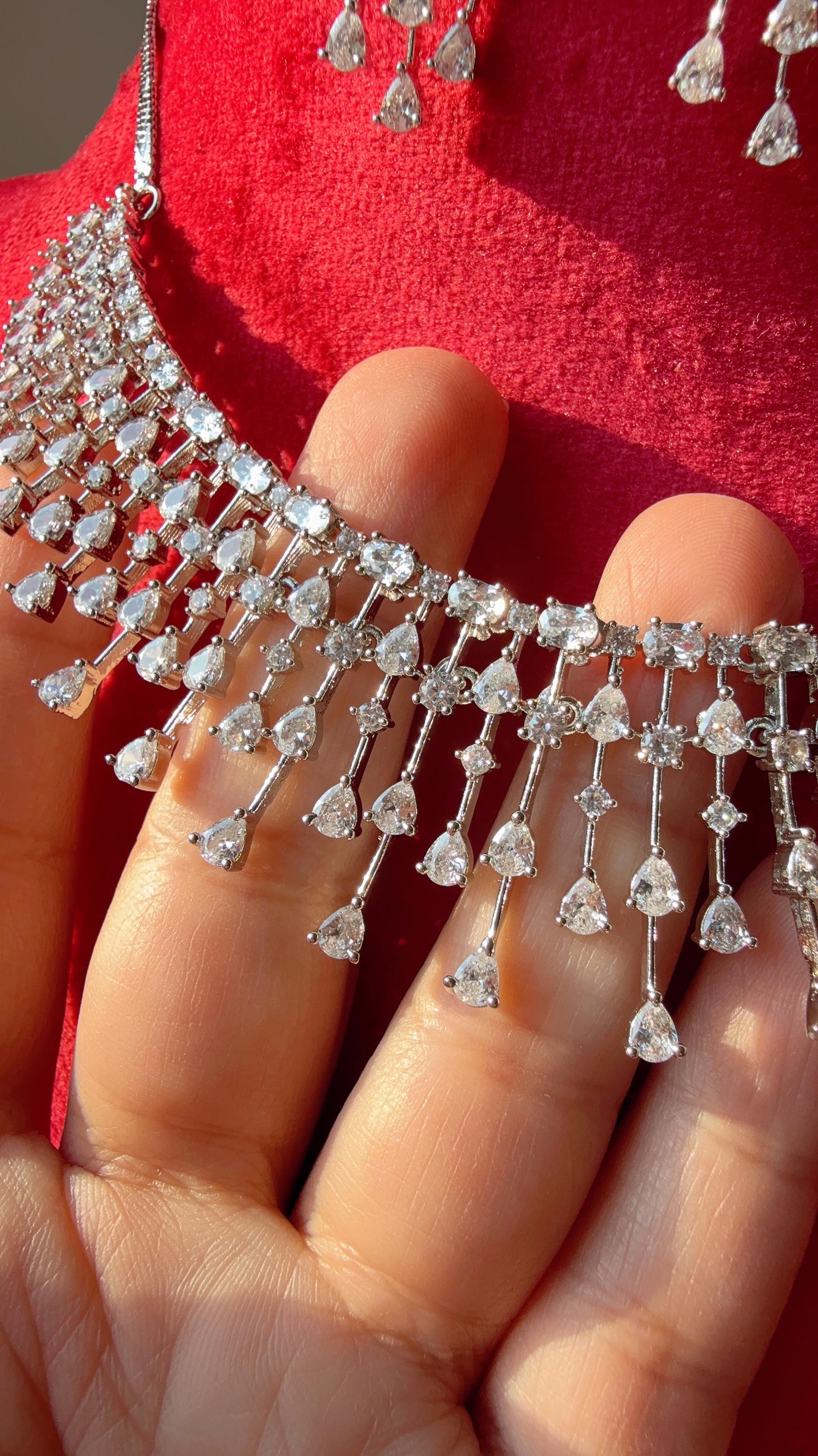 Rain Diamond Necklace Rhodium plating /Indian jewelry/ CZ Choker/Bridal choker/Diamond choker/ Indian Necklace/Silver diamond choker