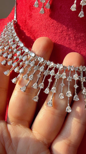 Rain Diamond Necklace Rhodium plating /Indian jewelry/ CZ Choker/Bridal choker/Diamond choker/ Indian Necklace/Silver diamond choker