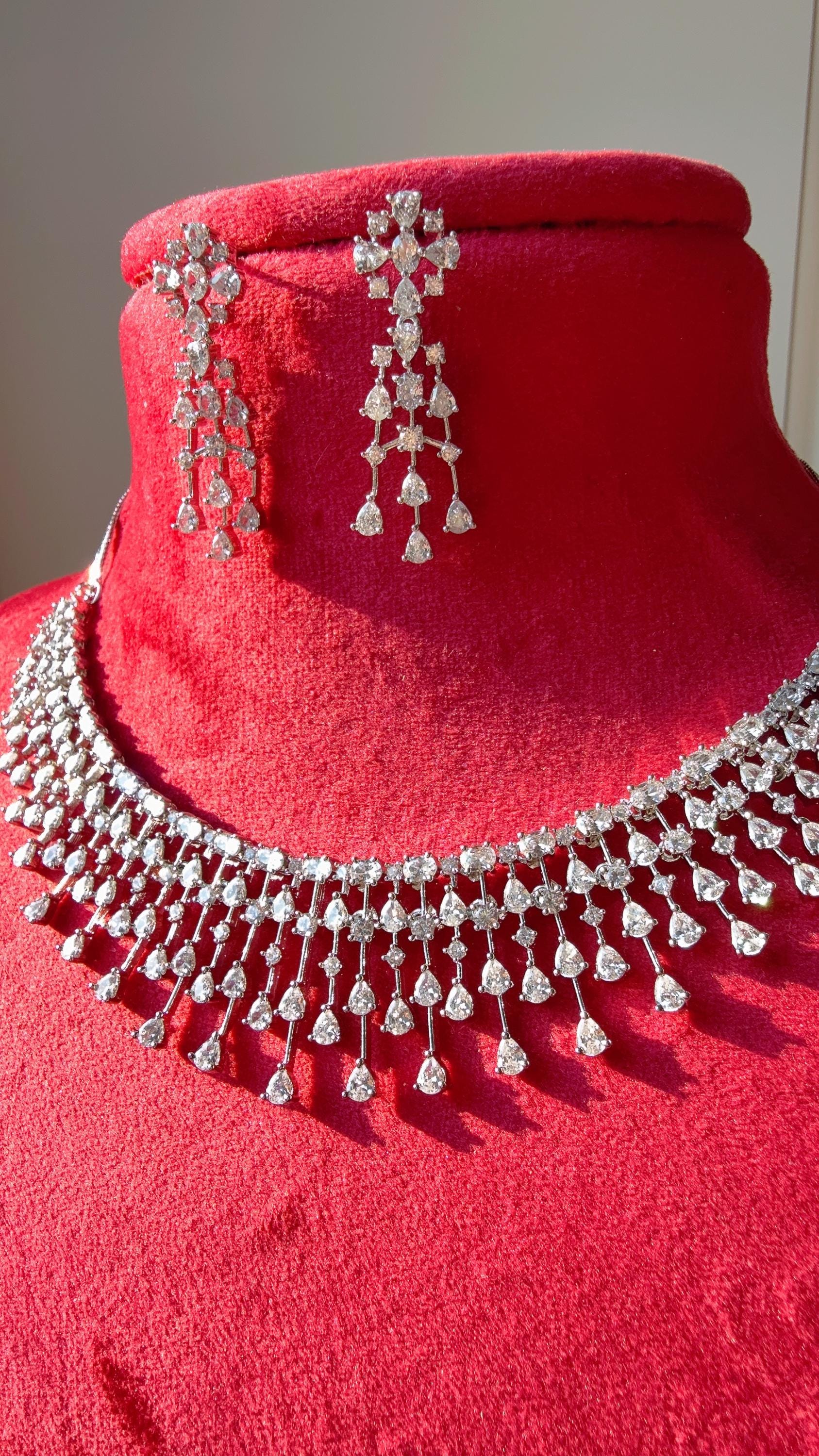 Rain Diamond Necklace Rhodium plating /Indian jewelry/ CZ Choker/Bridal choker/Diamond choker/ Indian Necklace/Silver diamond choker